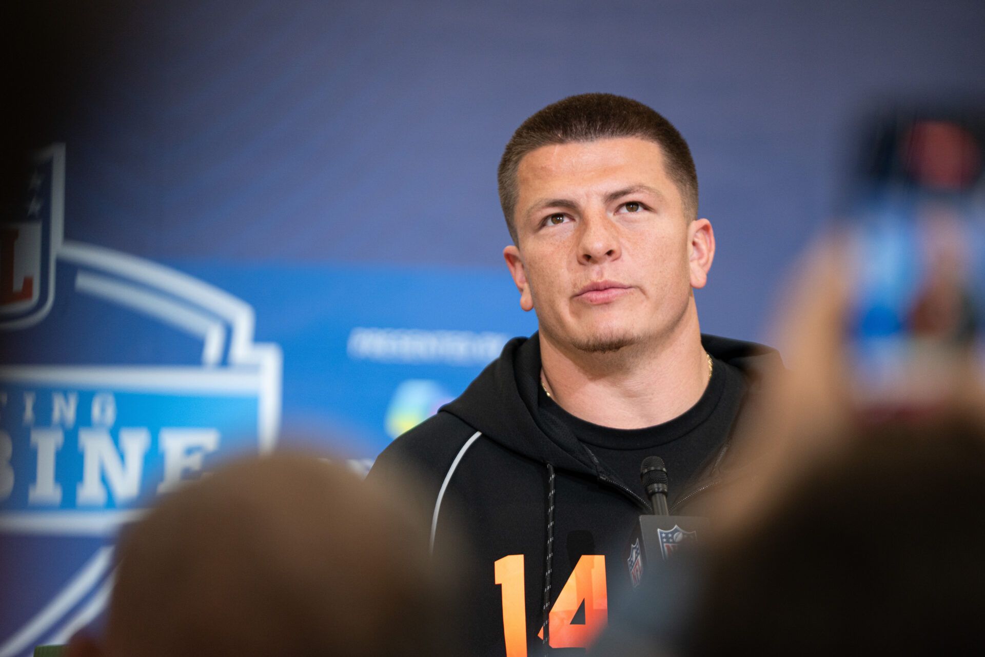 Vanderbilt quarterback Diego Pavia (QB14) speaks to members of the media during the NFL Combine at the Indiana Convention Center.
