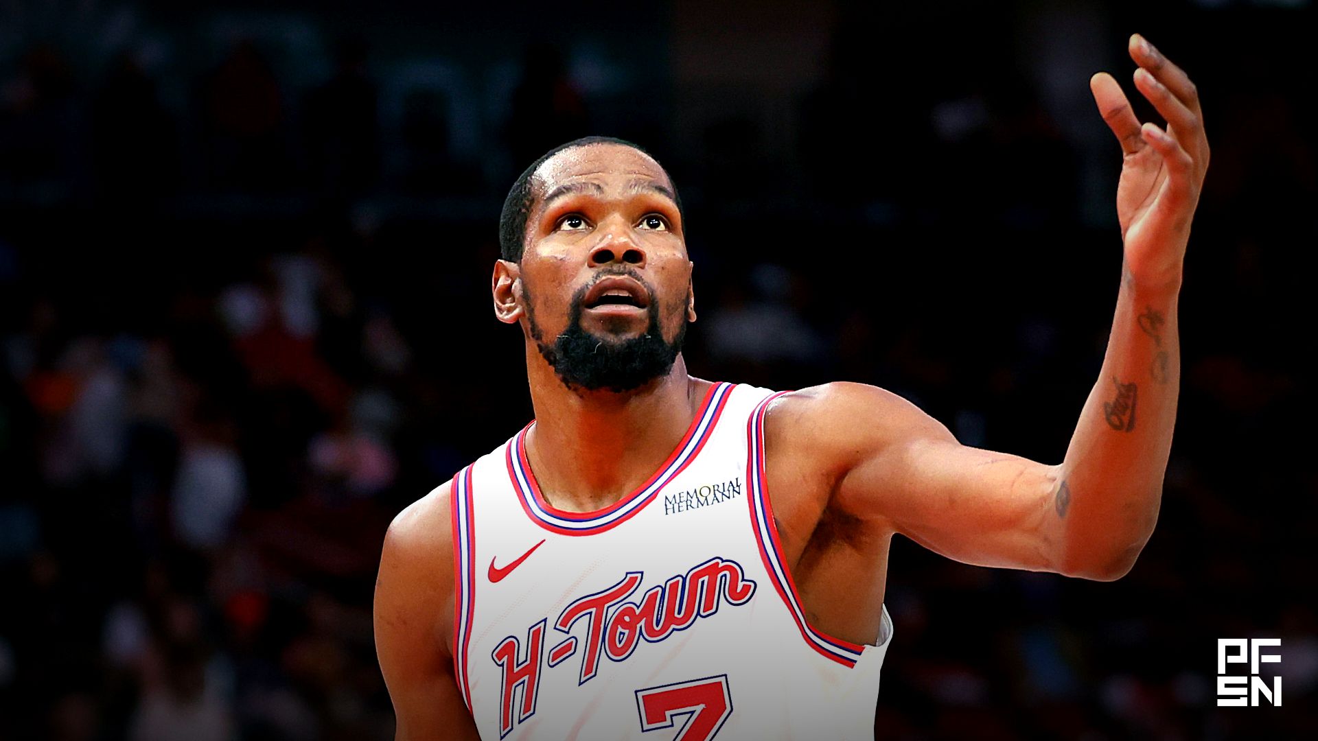 Houston Rockets forward Kevin Durant (7) reacts after a free throw attempt during the fourth quarter against the Minnesota Timberwolves at Toyota Center.