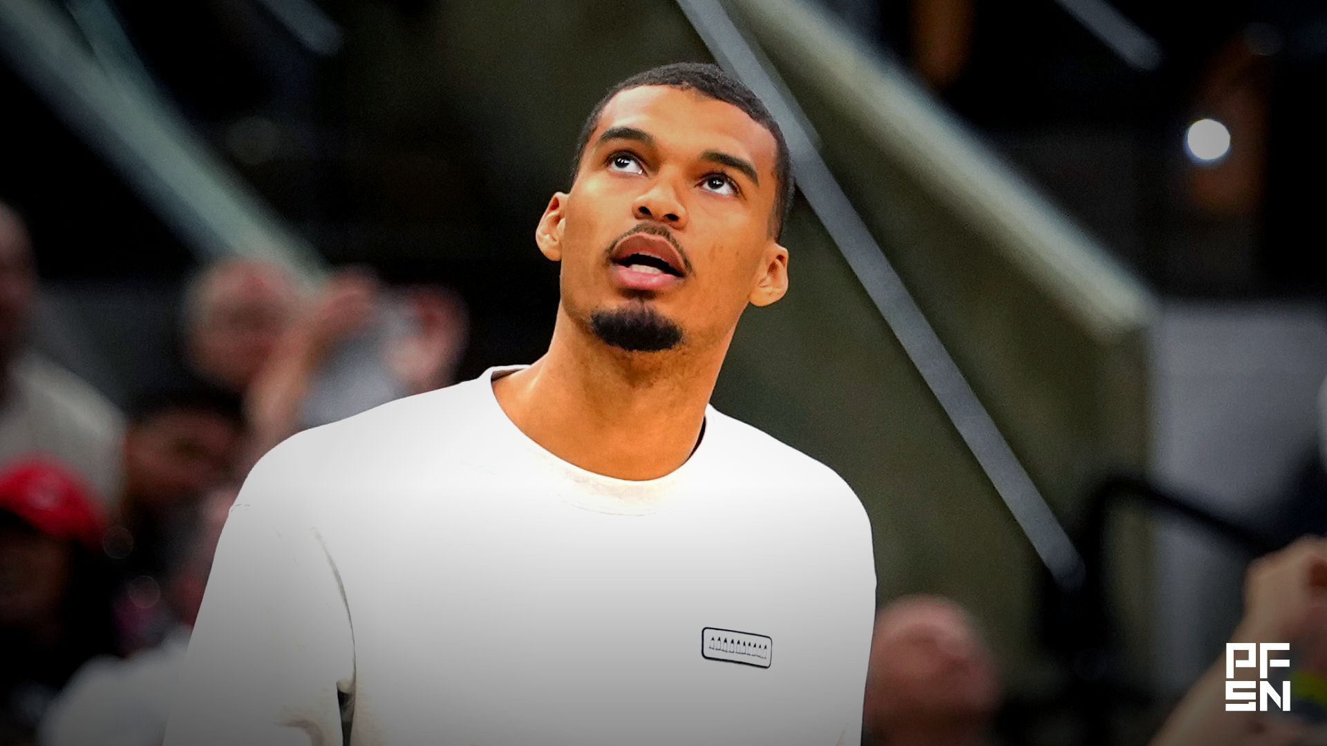 San Antonio Spurs forward Victor Wembanyama (1) reacts from the bench during the second half against the Denver Nuggets at Frost Bank Center.