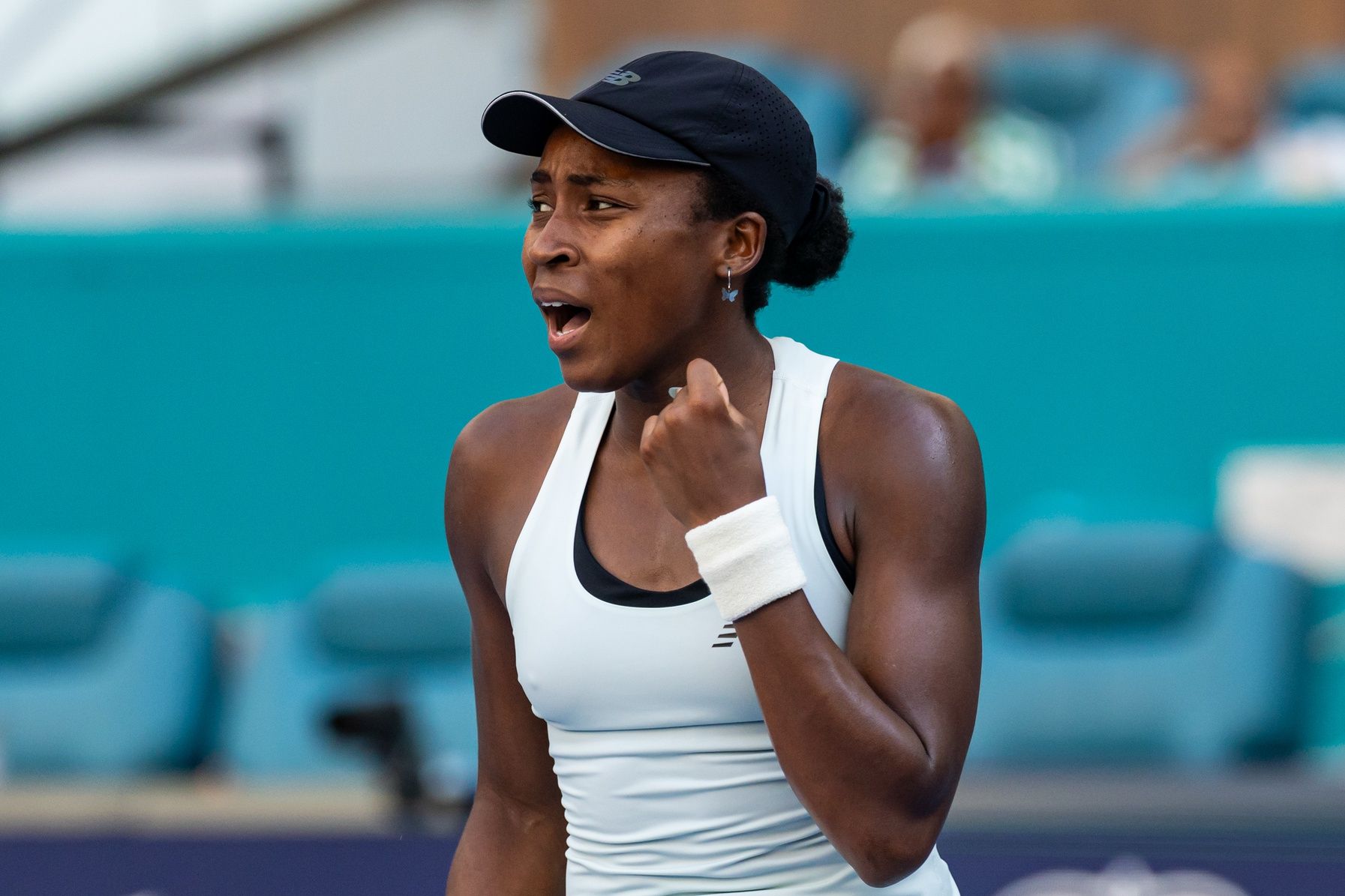 Coco Gauff of the United States celebrates during her match against Aryna Sabalenka of Belarus in the final of the women’s singles at the Hard Rock Stadium.
