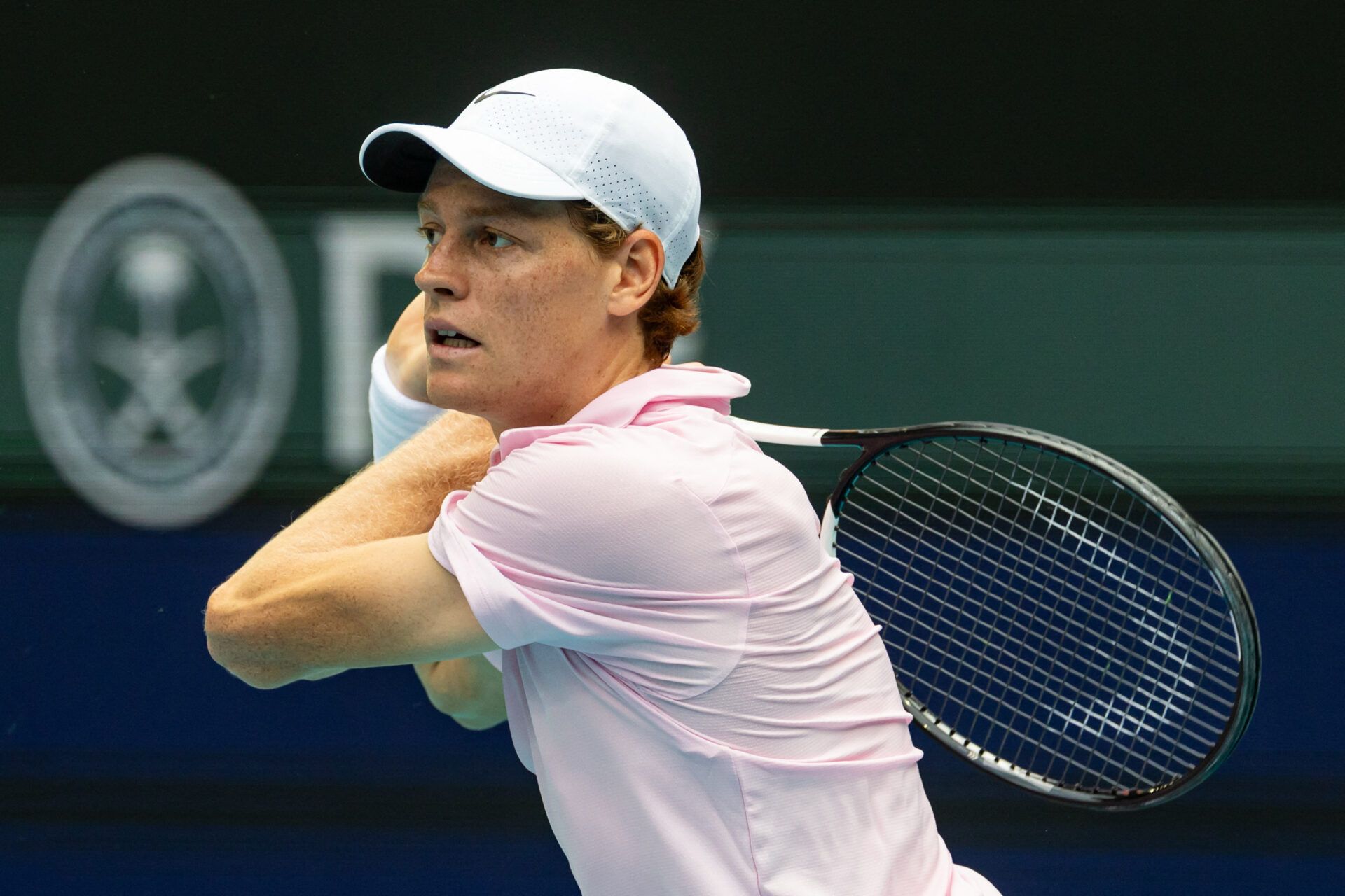 Jannik Sinner of Italy hits a backhand against Jiri Lehecka of the Czech Republic during the final of the men’s singles final of the Miami Open at the Hard Rock Stadium.