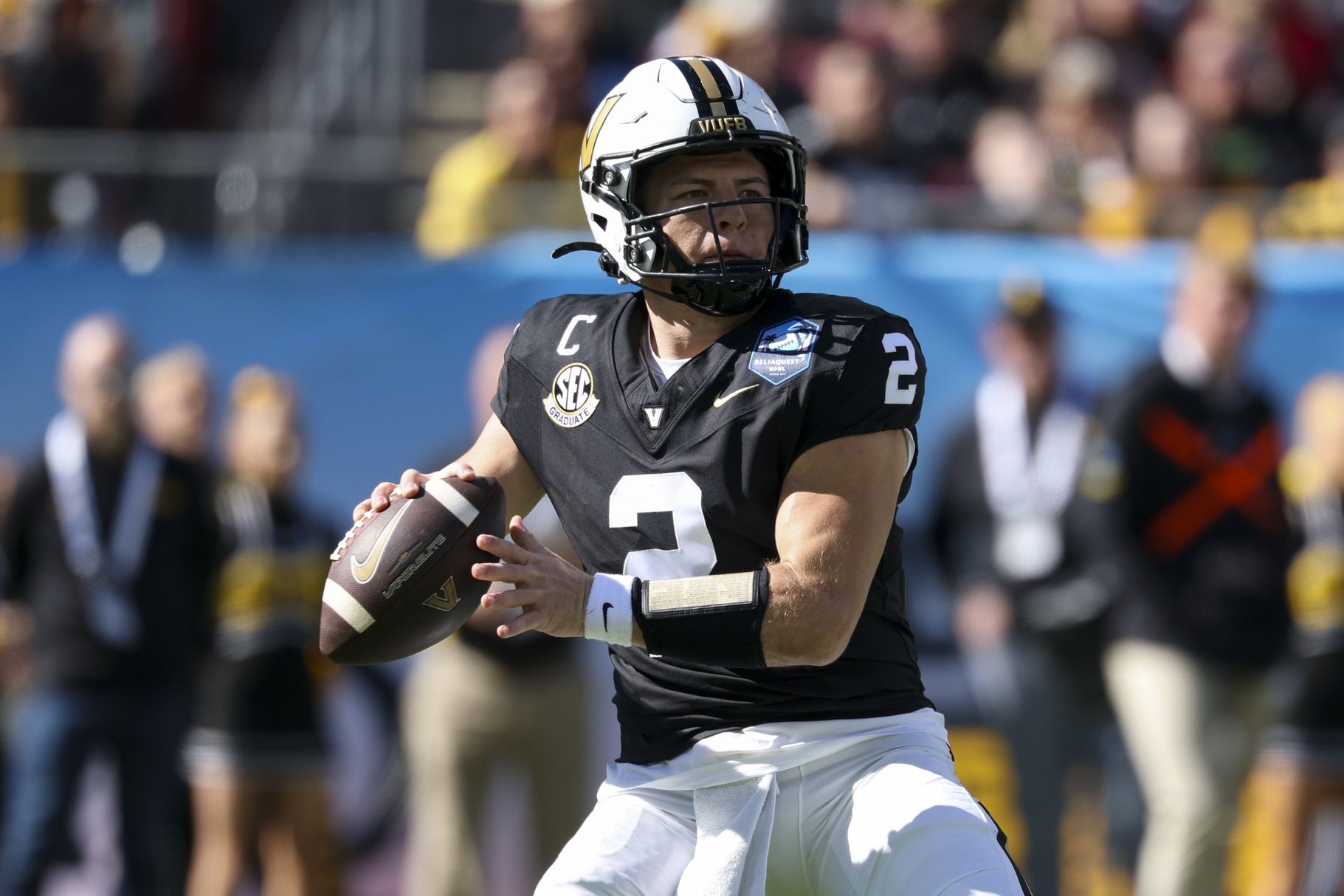 Vanderbilt Commodores quarterback Diego Pavia (2) throws a pass against the Iowa Hawkeyes in the first quarter during the ReliaQuest Bowl at Raymond James Stadium.