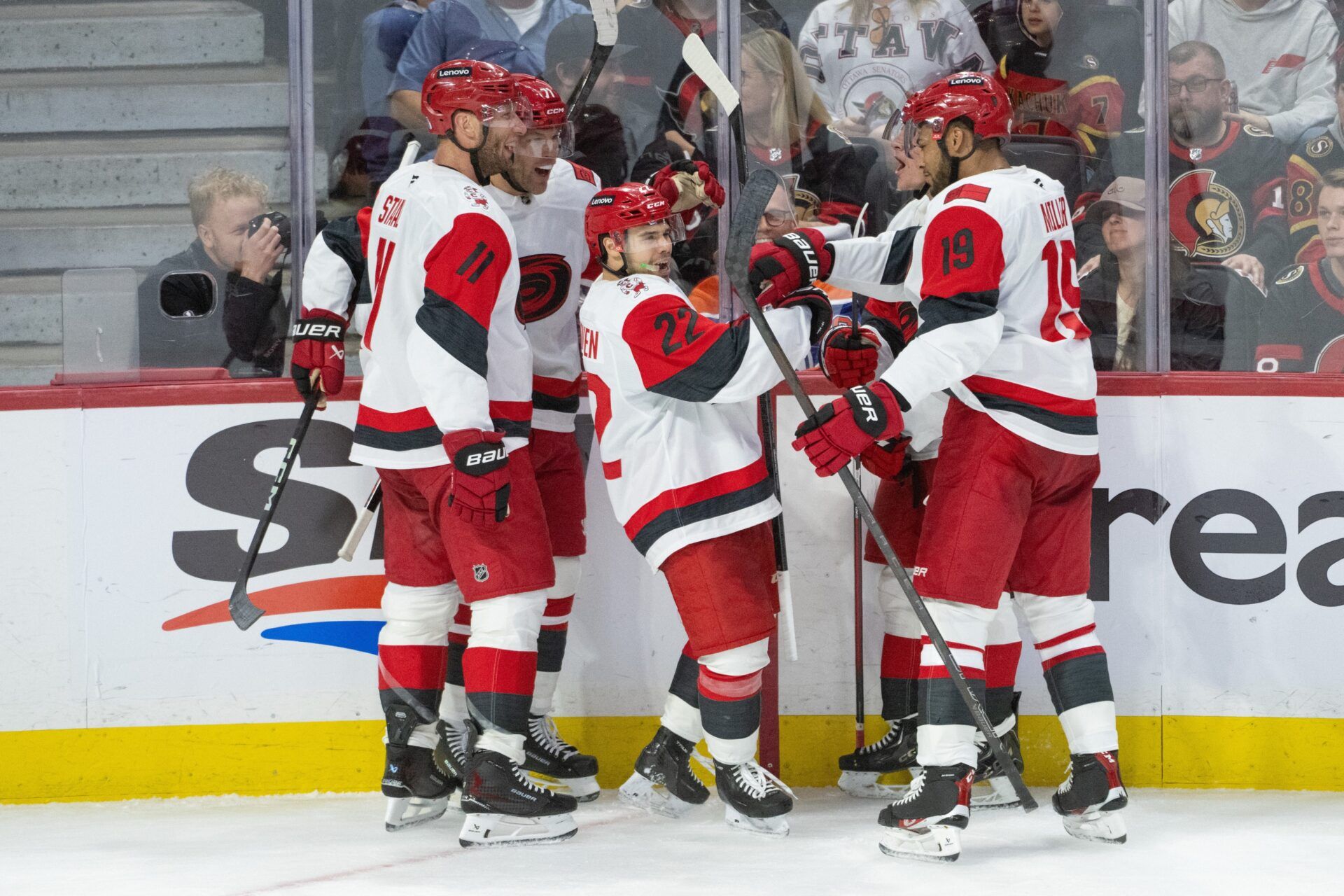 Carolina Hurricanes center Logan Stankoven (22) celebrates his goal scored in the third period against the Ottawa Senators in game four of the first round of the 2026 Stanley Cup Playoffs at the Canadian Tire Centre.