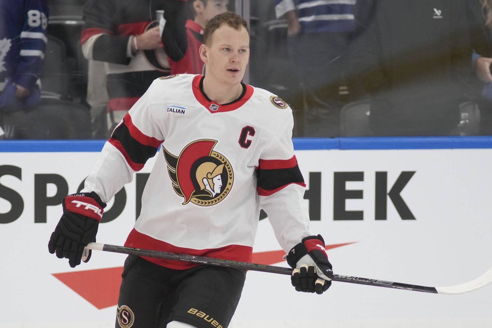 Ottawa Senators forward Brady Tkachuk (7) during warm up before a game against the Toronto Maple Leafs at Scotiabank Arena.