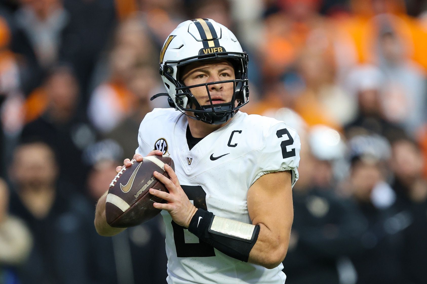 Vanderbilt Commodores quarterback Diego Pavia (2) looks to pass against the Tennessee Volunteers during the first half at Neyland Stadium.