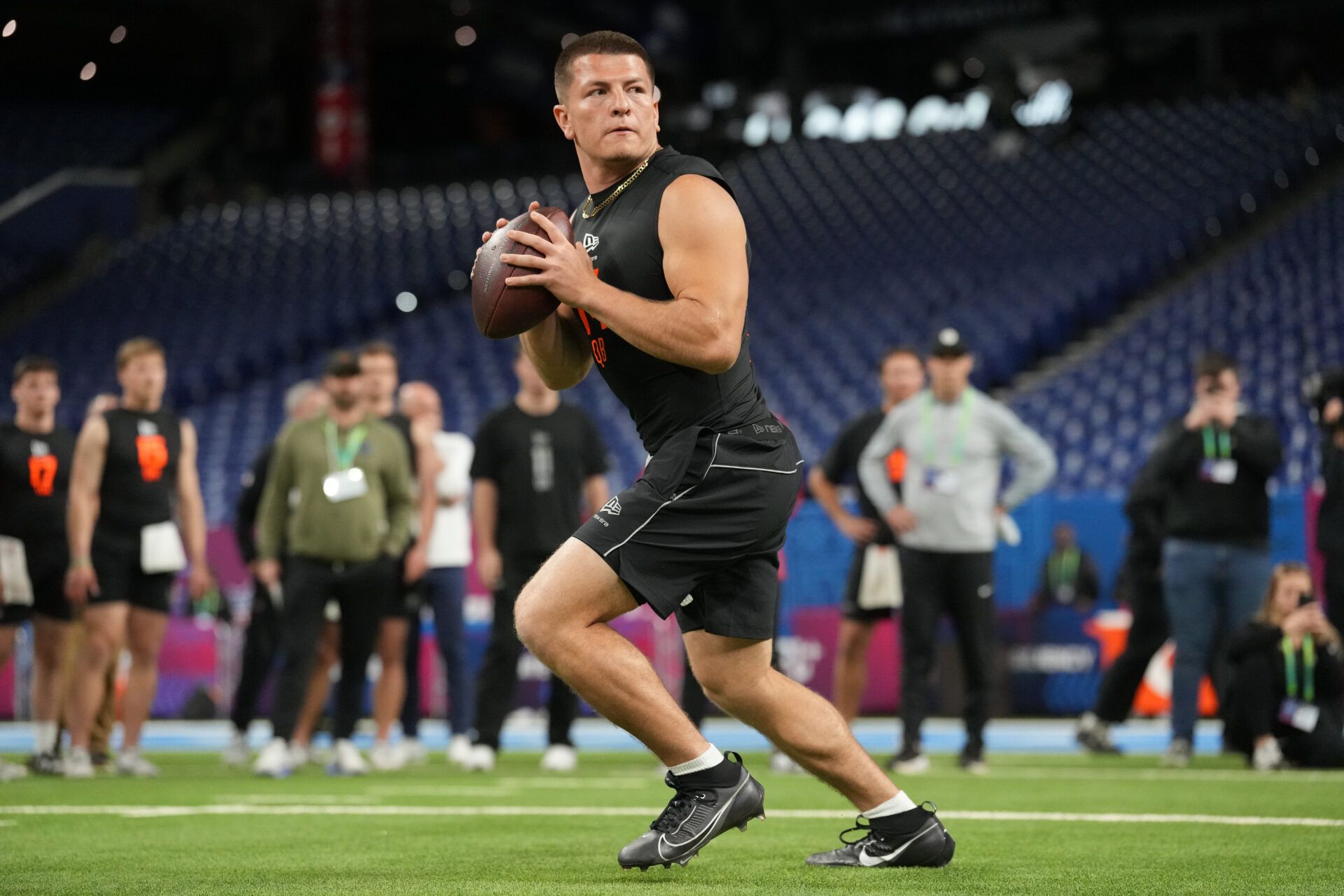 Vanderbilt quarterback Diego Pavia (QB14) during the NFL Scouting Combine at Lucas Oil Stadium.