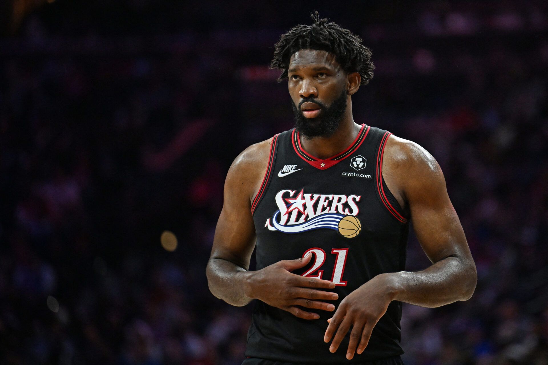 Philadelphia 76ers center Joel Embiid (21) against the Boston Celtics during the second half at Xfinity Mobile Arena.