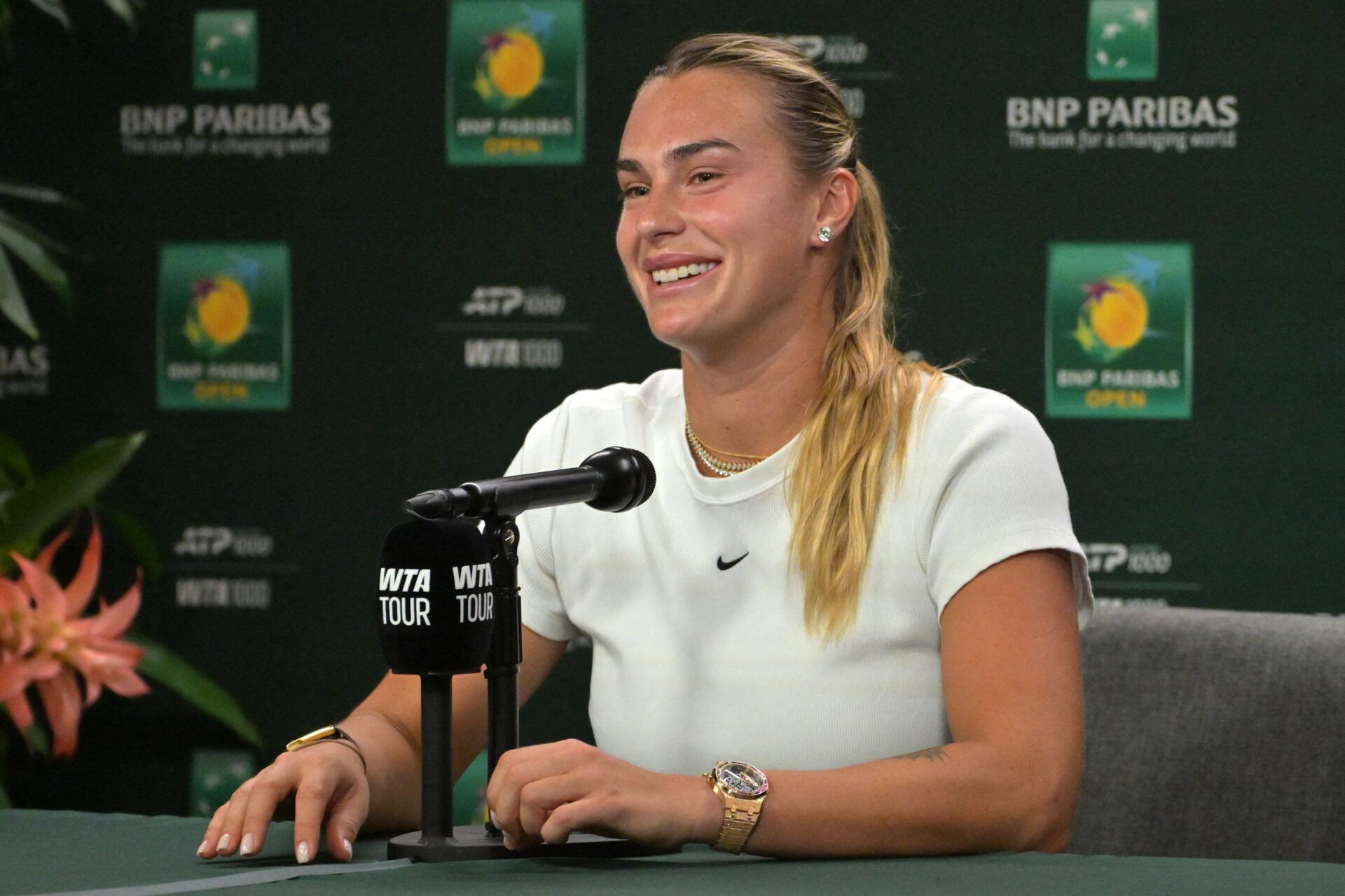 Aryna Sabalenka (BEL) speaks to the media at a news conference during the BNP Paribas Open at the Indian Wells Tennis Garden.