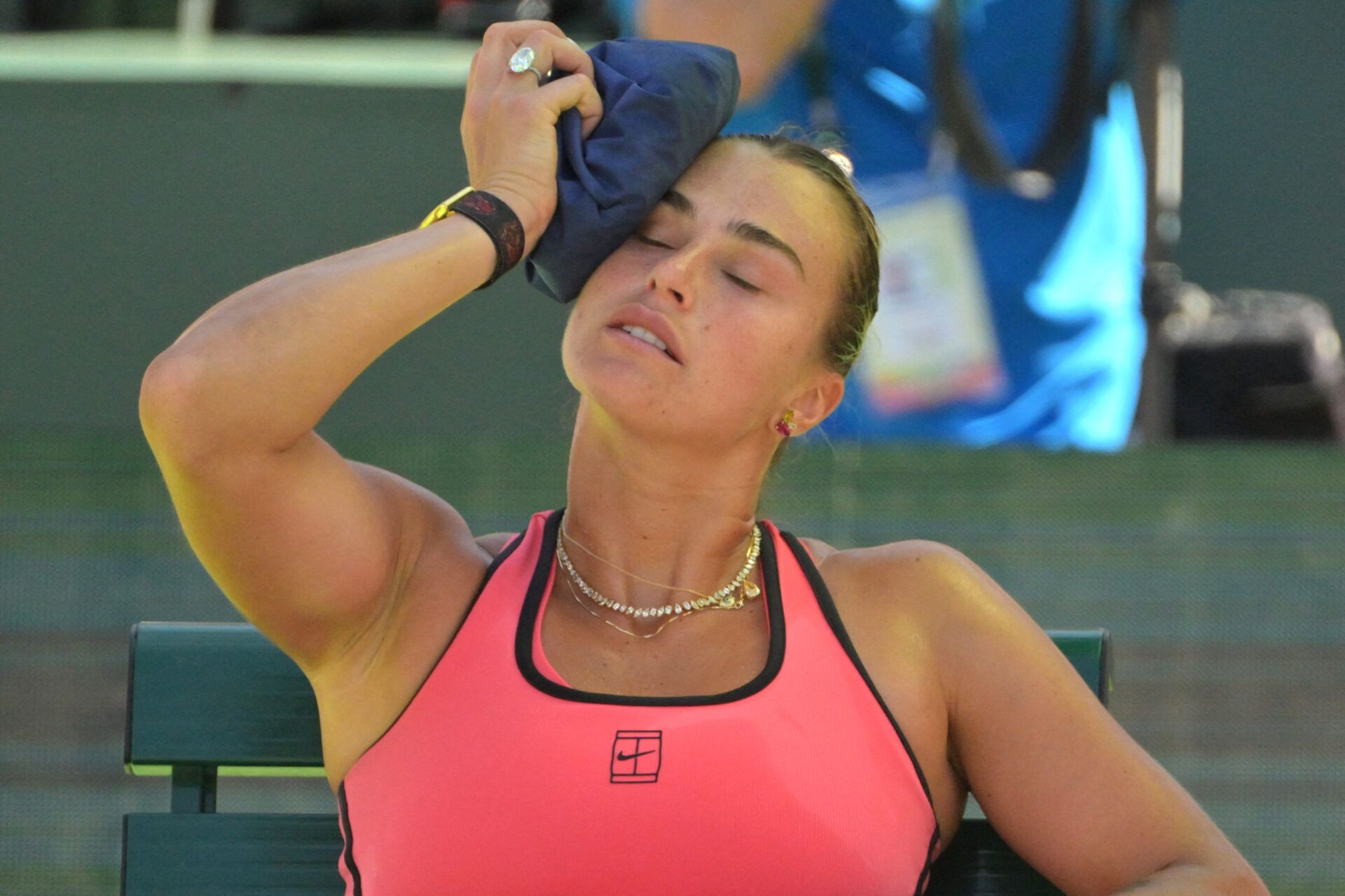 Aryna Sabalenka (BEL) cools off during  the womenÕs final as she defeated Elena Rybakina (KAZ) in the BNP Paribas Open at the Indian Wells Tennis Garden.
