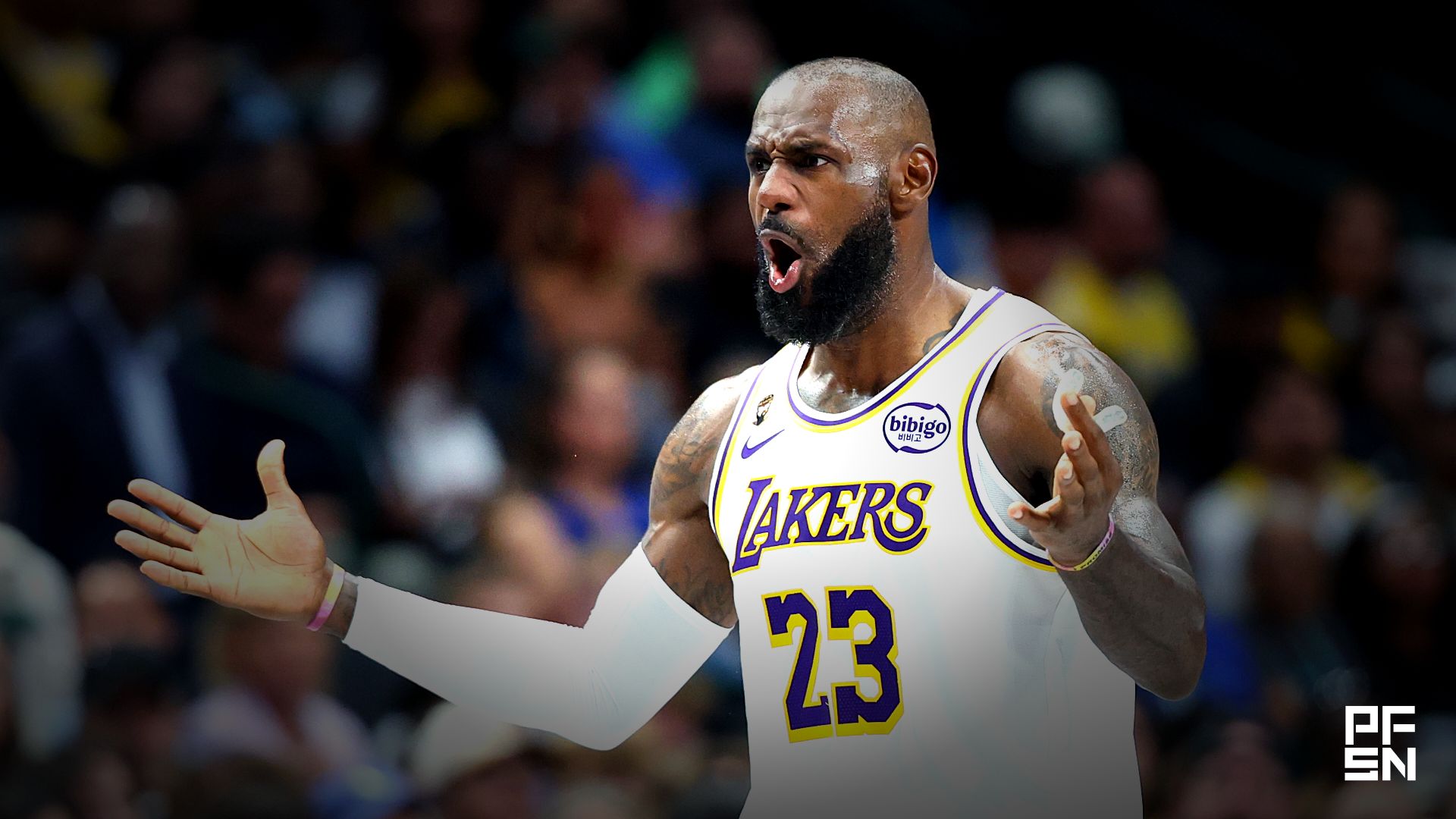 Los Angeles Lakers forward LeBron James (23) reacts against the Dallas Mavericks during the second half at American Airlines Center.