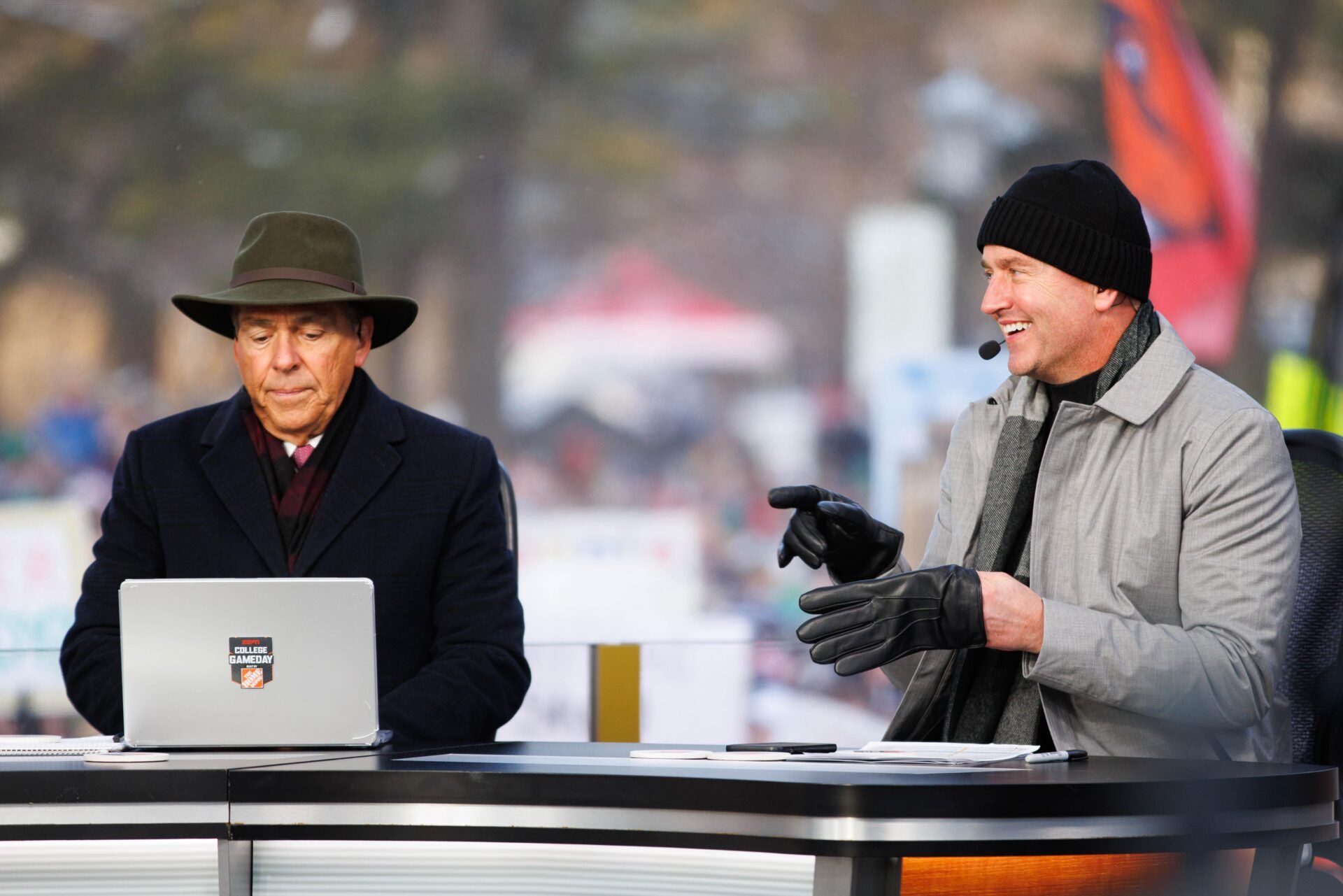 Kirk Herbstreit, right, and Nick Saban prepare for the start of the ESPN College GameDay show before the first round of the College Football Playoff between Notre Dame and Indiana on Friday, Dec. 20, 2024, in South Bend.