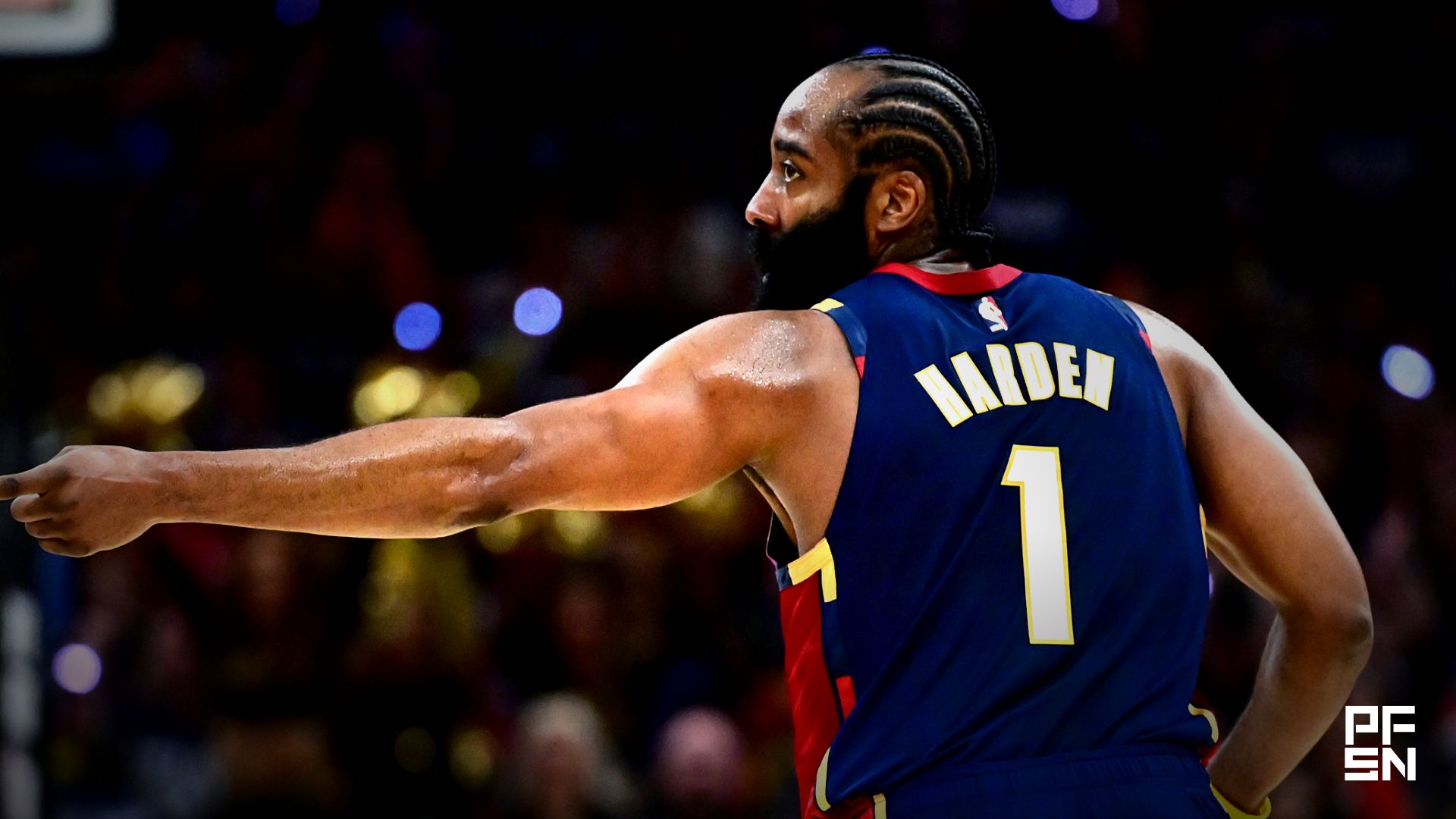 Cleveland Cavaliers guard James Harden (1) celebrates after hitting a three point basket against the Toronto Raptors during the first half of game one in the first round of the 2026 NBA Playoffs at Rocket Arena.