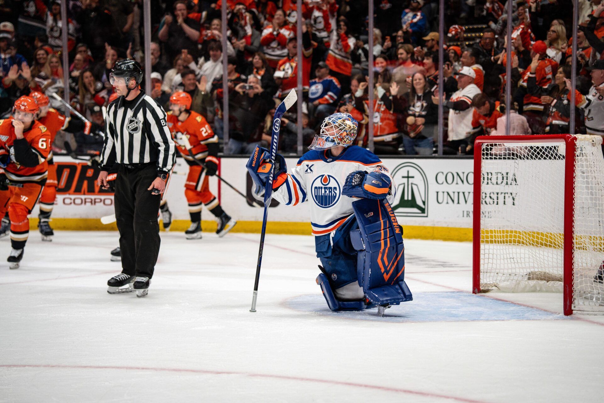 Edmonton Oilers goaltender Tristan Jarry (35) looks at the replay during the second period against the Anaheim Ducks in game four of the first round of the 2026 Stanley Cup Playoffs at Honda Center.