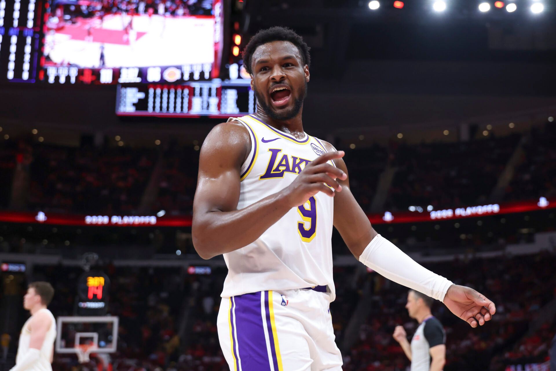 Los Angeles Lakers guard Bronny James (9) reacts after a play during the fourth quarter against the Houston Rockets during game four of the first round of the 2026 NBA Playoffs at Toyota Center.