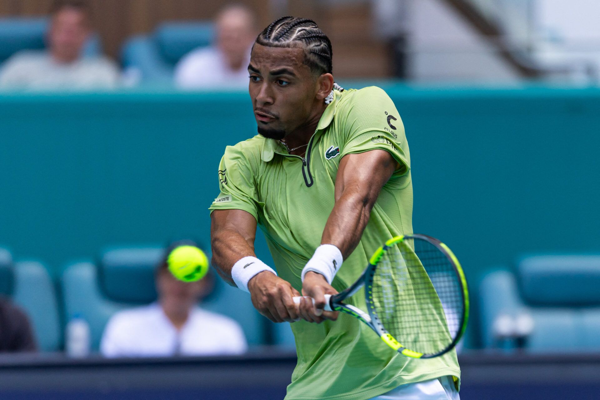 Arthur Fils of France hits a backhand against Jiri Lehecka of the Czech Republic in the semi-finals of the men’s singles at the Miami Open at the Hard Rock Stadium.