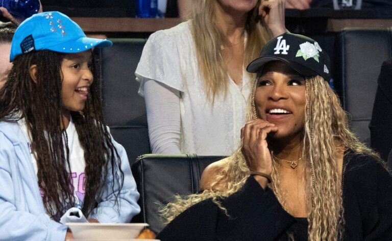 Serena Williams and her daughter, Olympia, left, attend the Los Angeles Golf Club who won the TGL finals against Jupiter Links GC at SoFi Center on March 24, 2026, in Palm Beach Gardens, Florida.