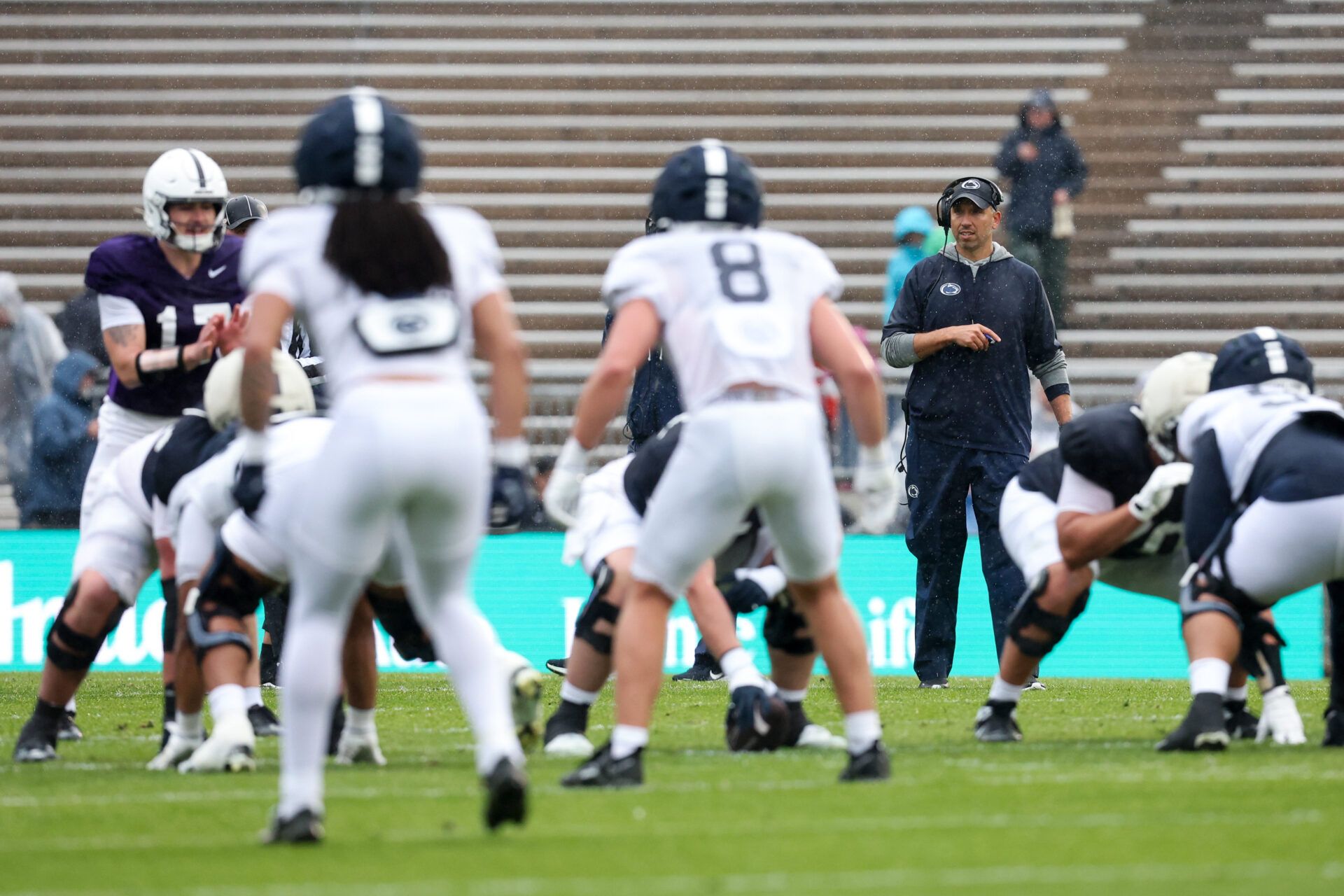 Penn State Nittany Lions head coach Matt Campbell looks on from behind the line of scrimmage during the Penn State Blue-White Spring game at Beaver Stadium.