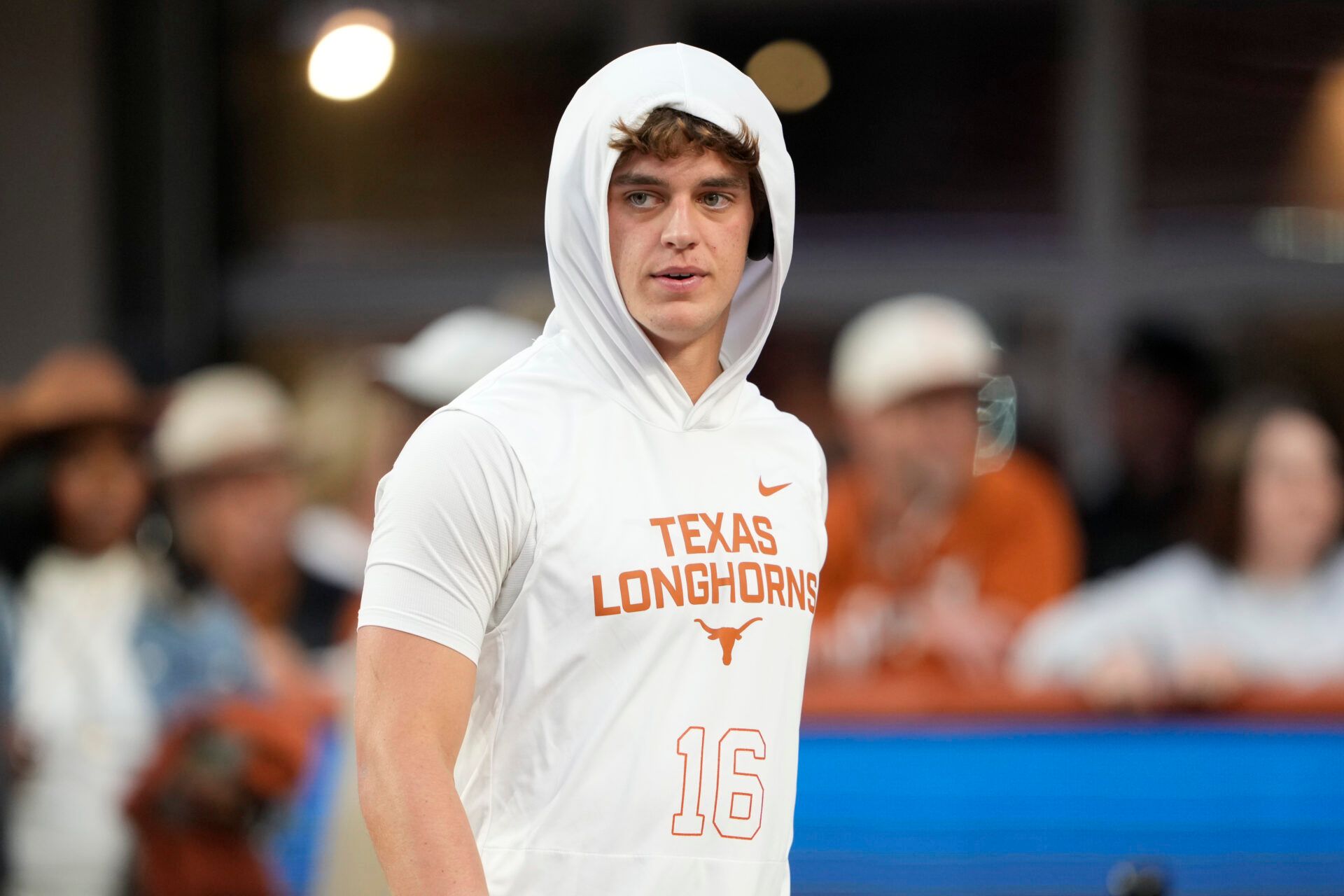 Texas Longhorns quarterback Arch Manning warms up before a game against the Texas A&M Aggies at Darrell K Royal-Texas Memorial Stadium.