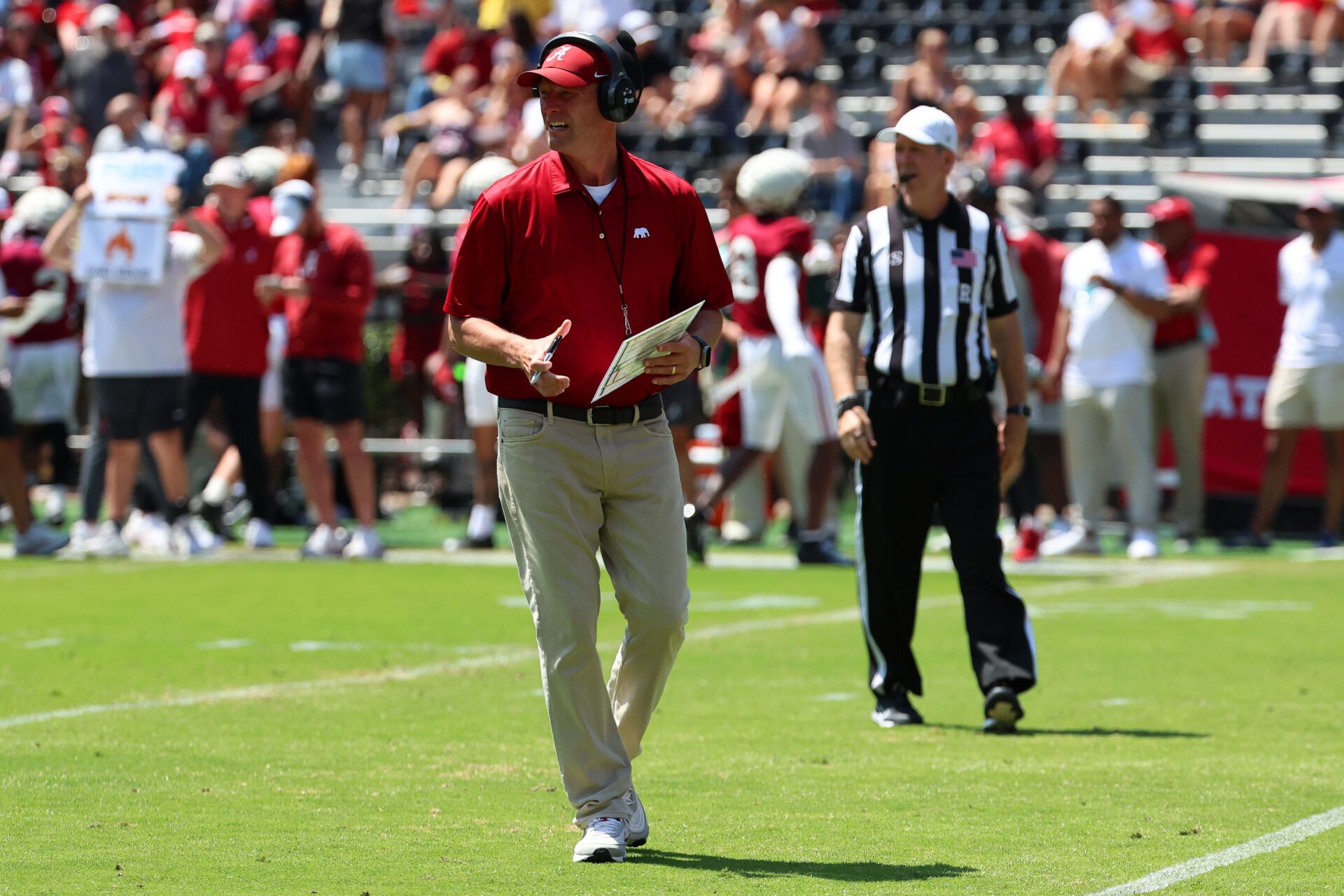 Alabama Crimson Tide head coach Kalen DeBoer observes during the Alabama A-Day spring football scrimmage game at Saban Field at Bryant-Denny Stadium.