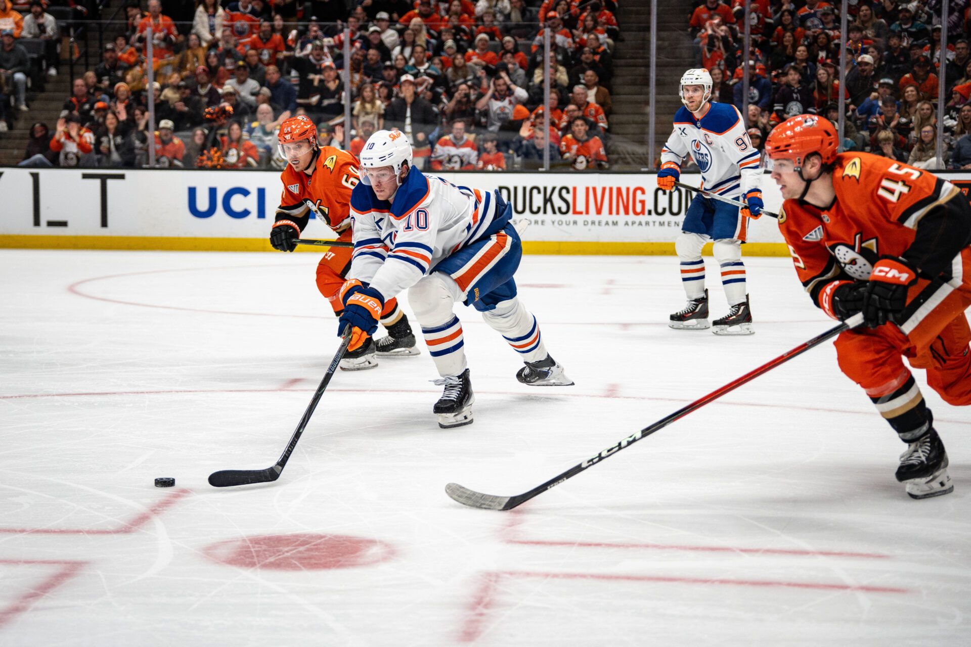 Edmonton Oilers center Trent Frederic (10) skates with puck during the third period against the Anaheim Ducks in game four of the first round of the 2026 Stanley Cup Playoffs at Honda Center.