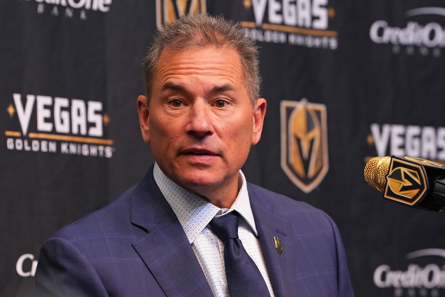 Vegas Golden Knights head coach Bruce Cassidy takes questions during a presser after the Florida Panthers defeated the Golden Knights 3-2 at T-Mobile Arena.