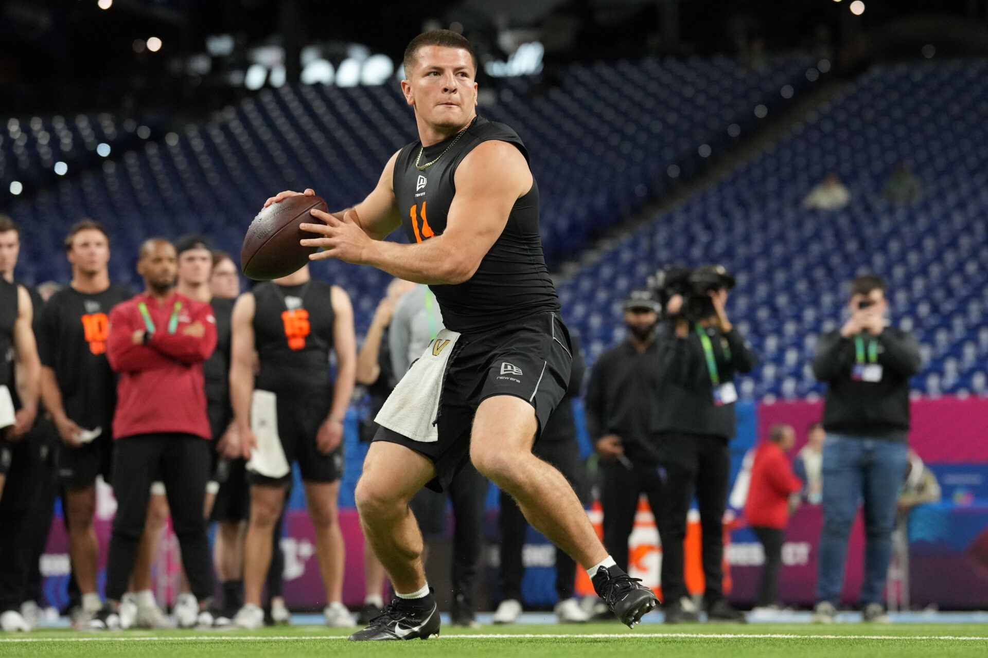 Vanderbilt quarterback Diego Pavia (QB14) during the NFL Scouting Combine at Lucas Oil Stadium.