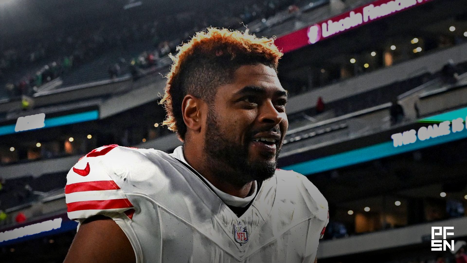San Francisco 49ers wide receiver Jauan Jennings (15) walks off the field after win against the Philadelphia Eagles in an NFC Wild Card Round game at Lincoln Financial Field.