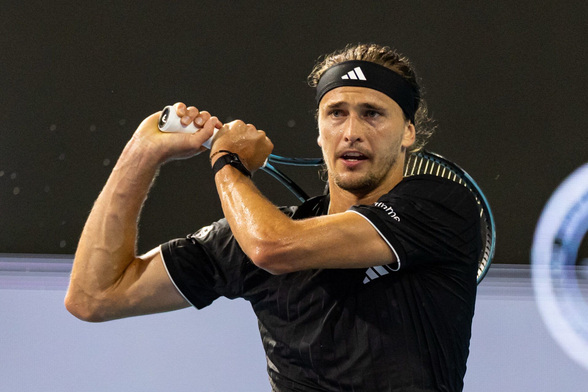 Alexander Zverev of Germany hits a backhand against Jannik Sinner of Italy in the semi-finals of the men’s singles at the Miami Open at the Hard Rock Stadium.