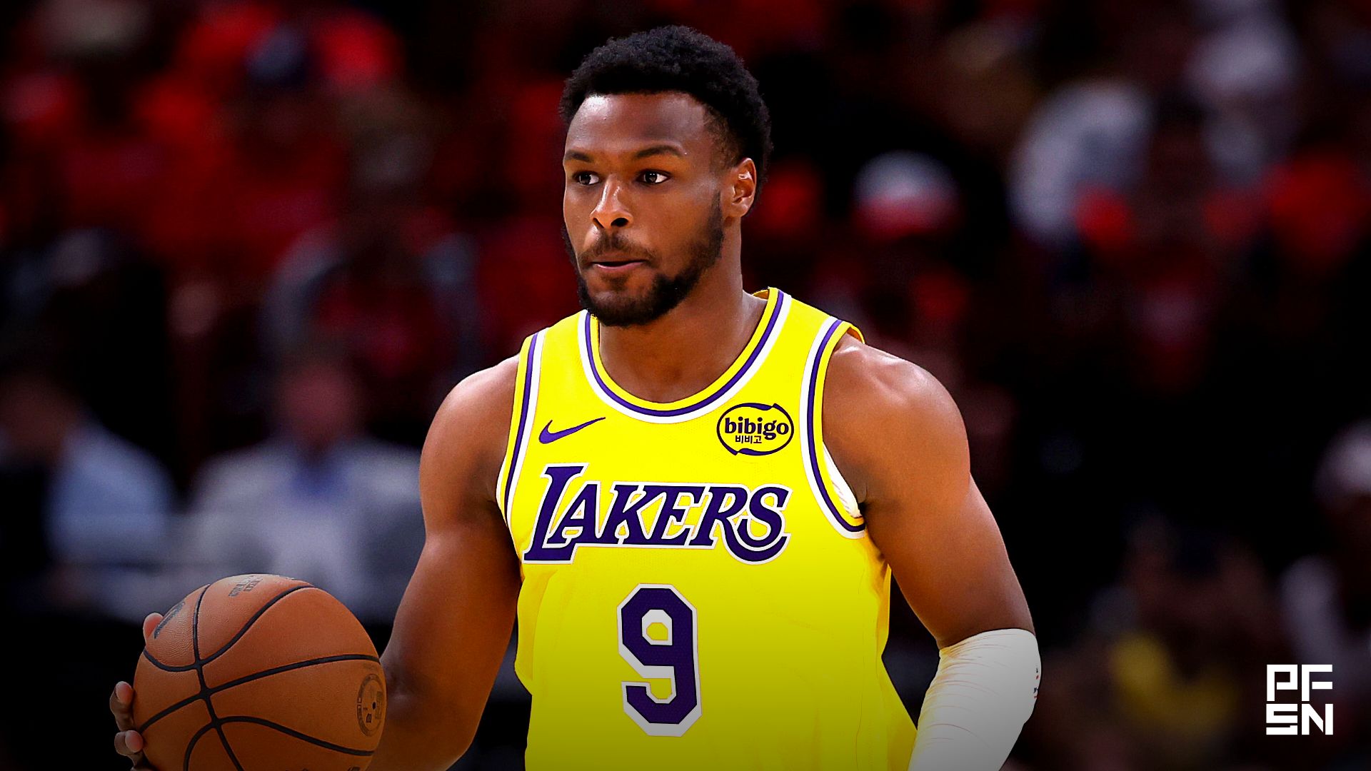 Los Angeles Lakers guard Bronny James (9) dribbles the ball during the fourth quarter against the Houston Rockets during game three of the first round of the 2026 NBA Playoffs at Toyota Center.