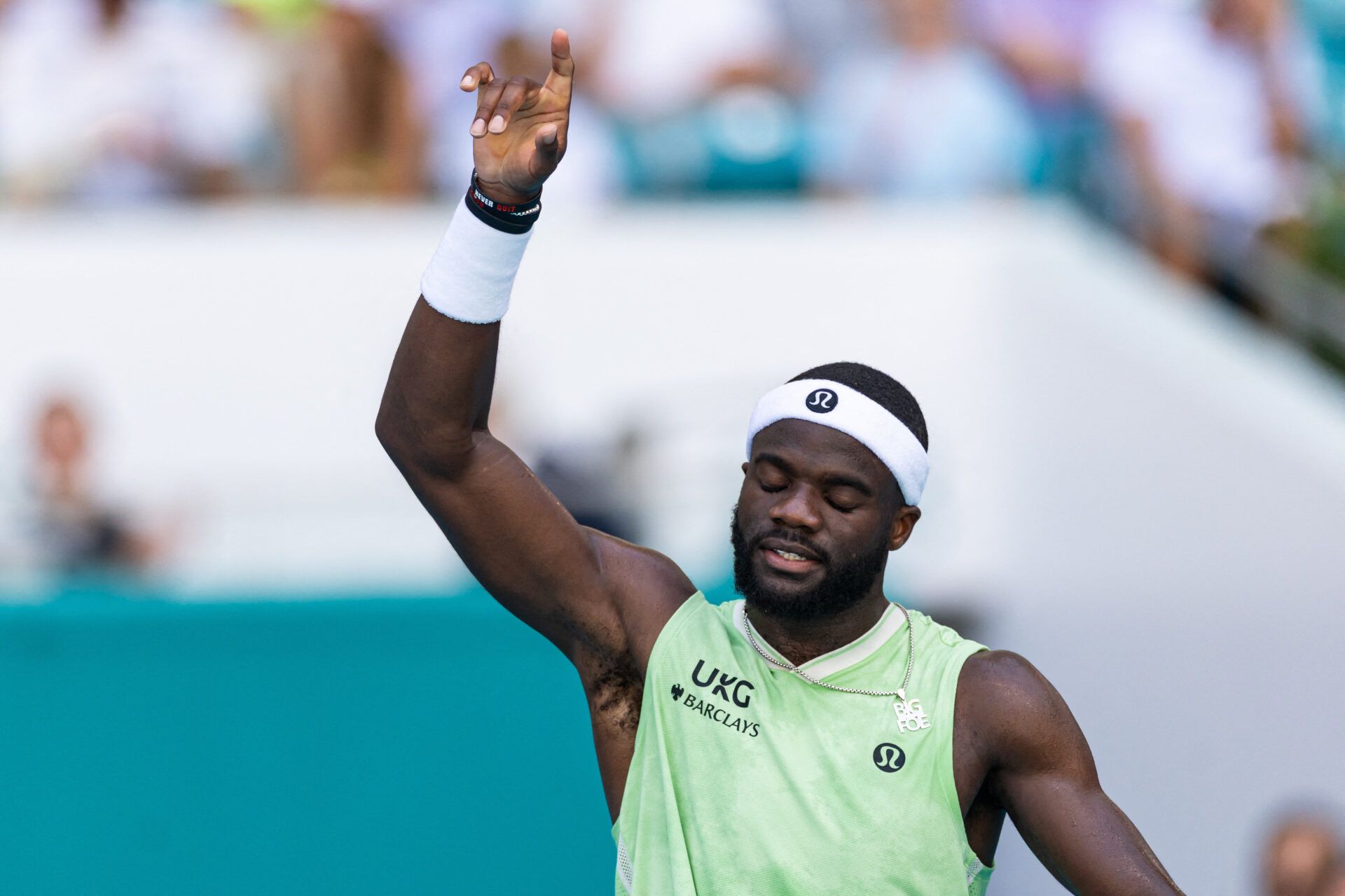 Frances Tiafoe of the United States reacts during his match against Jannik Sinner of Italy in the quarter finals of the menÕs singles at the Miami Open at Hard Rock Stadium.