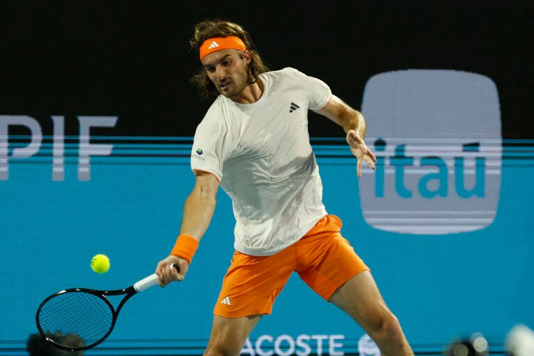 Stefanos Tsitsipas (GRE) hits a forehand against Arthur Fils (FRA) (not pictured) on day six of the 2026 Miami Open at Hard Rock Stadium.