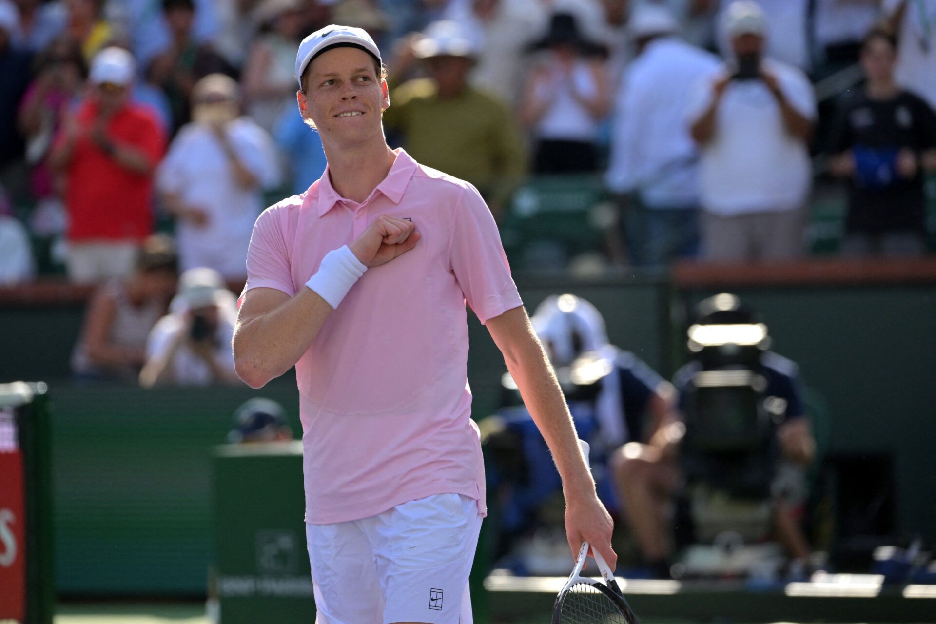 Jannik Sinner (ITA) reacts after winning a point he defeated Daniil Medvedev (RUS) in the menÕs final of the BNP Paribas Open at the Indian Wells Tennis Garden.