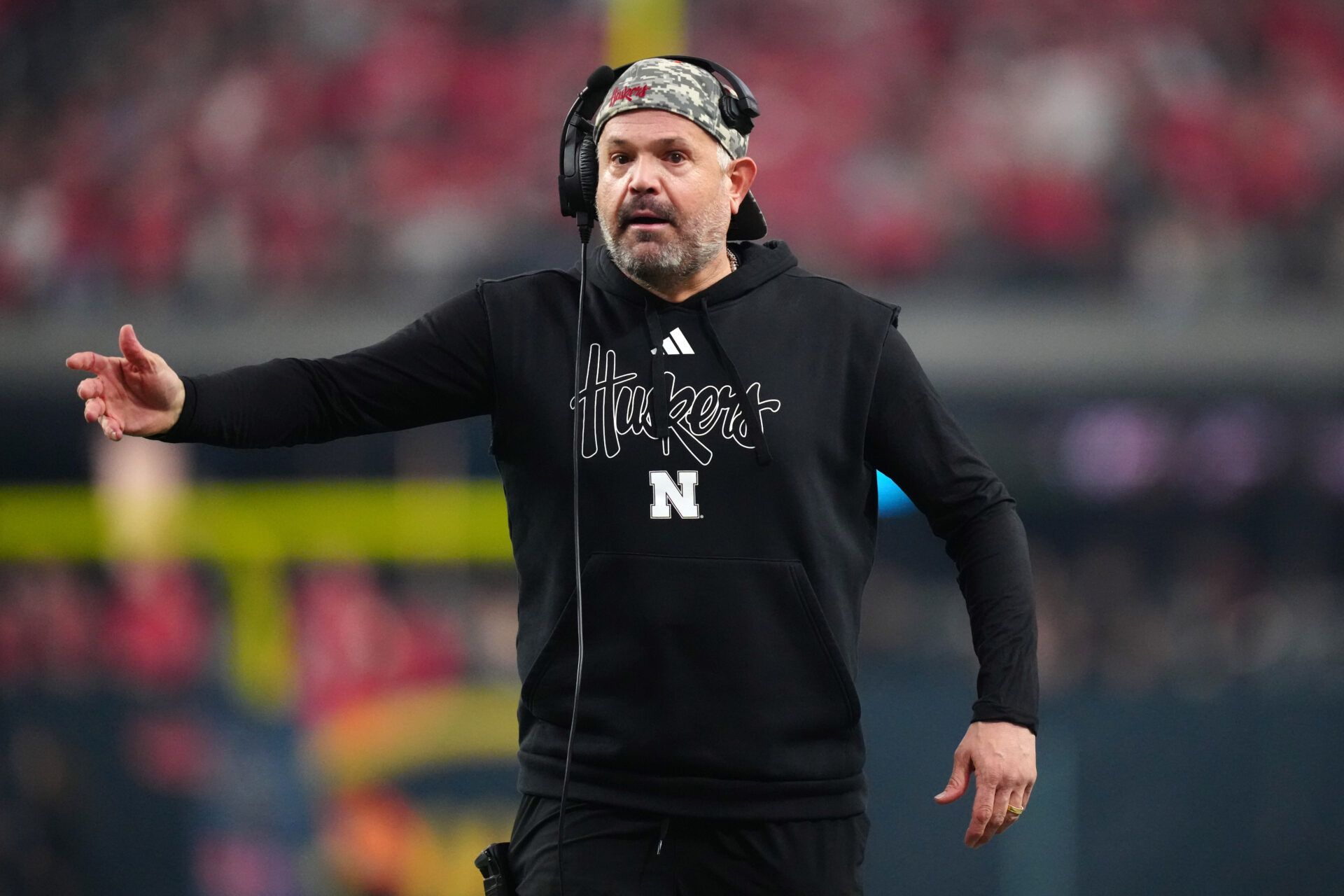 Nebraska Cornhuskers head coach Matt Rhule gestures against the Utah Utes in the first half during the SRS Distribution Las Vegas Bowl at Allegiant Stadium.