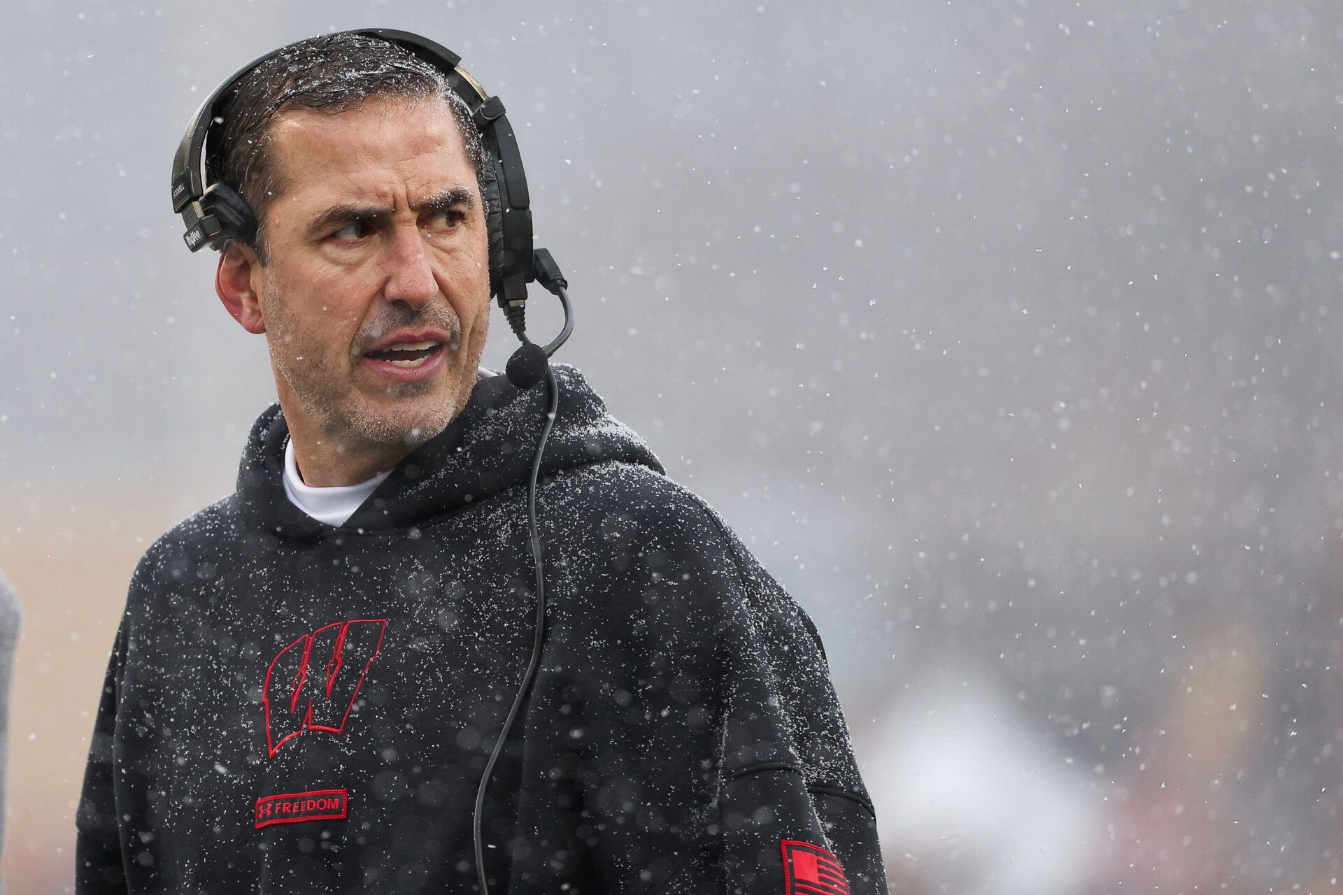 Wisconsin Badgers head coach Luke Fickell looks on during the first half against the Minnesota Golden Gophers at Huntington Bank Stadium.