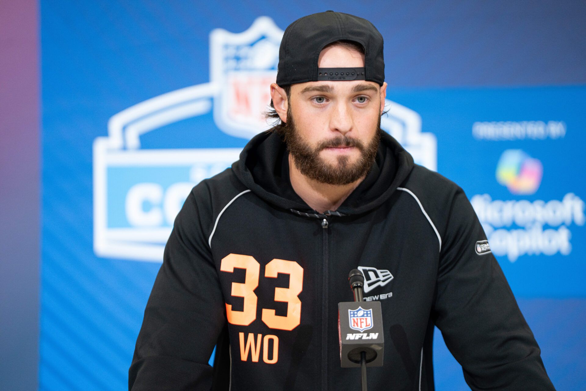 BYU wideout Chase Roberts (WO33) speaks to members of the media during the NFL Combine at the Indiana Convention Center.