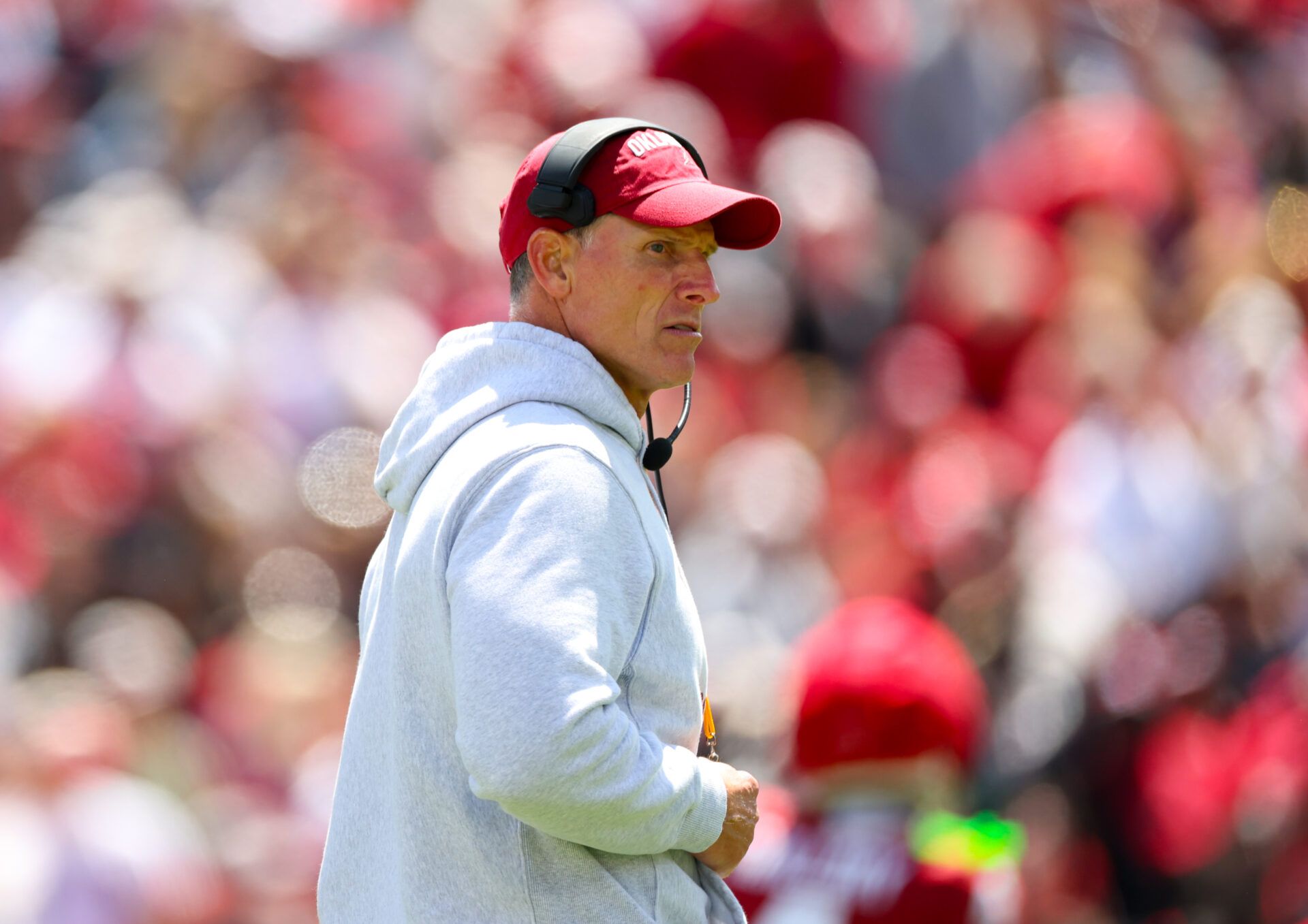Oklahoma Sooners head coach Brent Venables watches during the Oklahoma Spring Game at Gaylord Family Memorial Stadium.