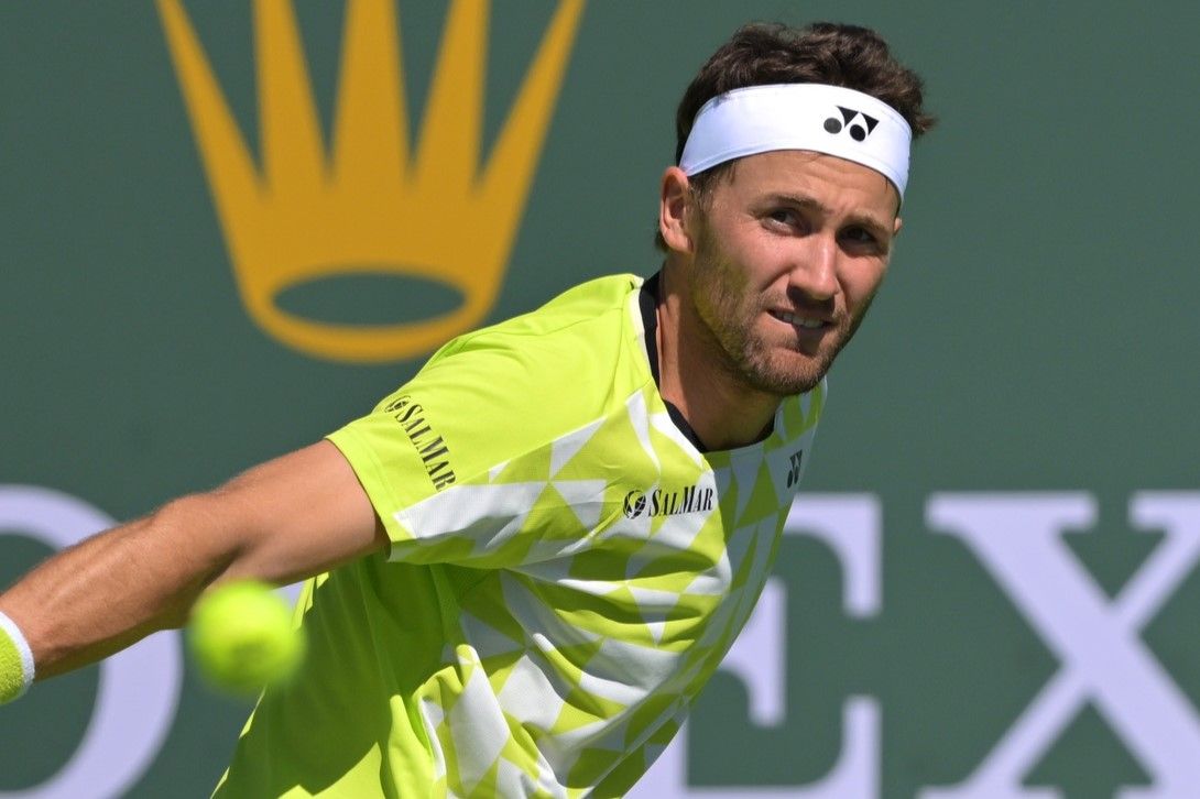 Casper Ruud (NOR) during his second round match against Alexander Shevchenko (KAZ) in the BNP Paribas Open at the Indian Wells Tennis Garden.