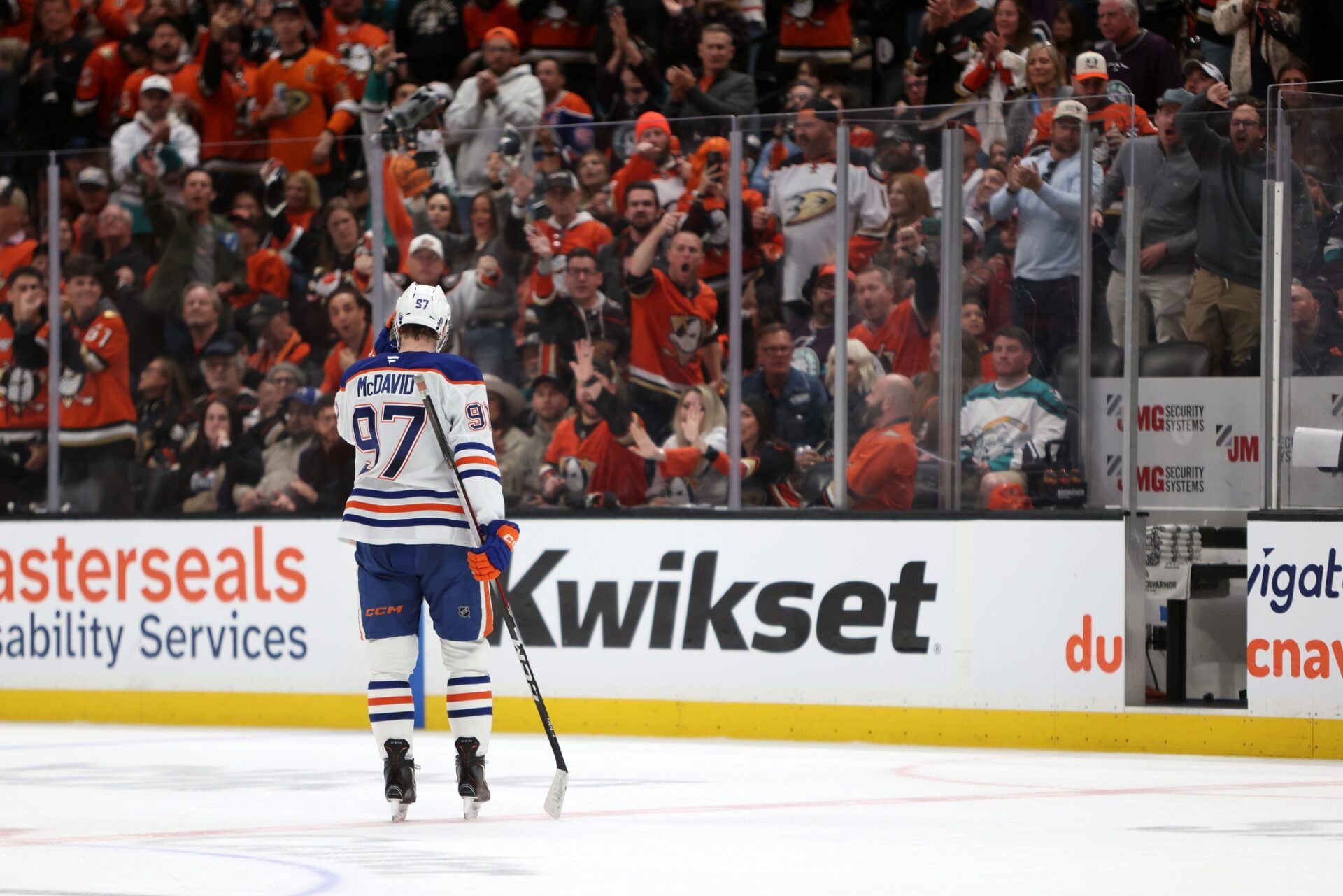 Edmonton Oilers center Connor McDavid (97) heads to a penalty box during the third period against the Anaheim Ducks in game three of the first round of the 2026 Stanley Cup Playoffs at Honda Center.