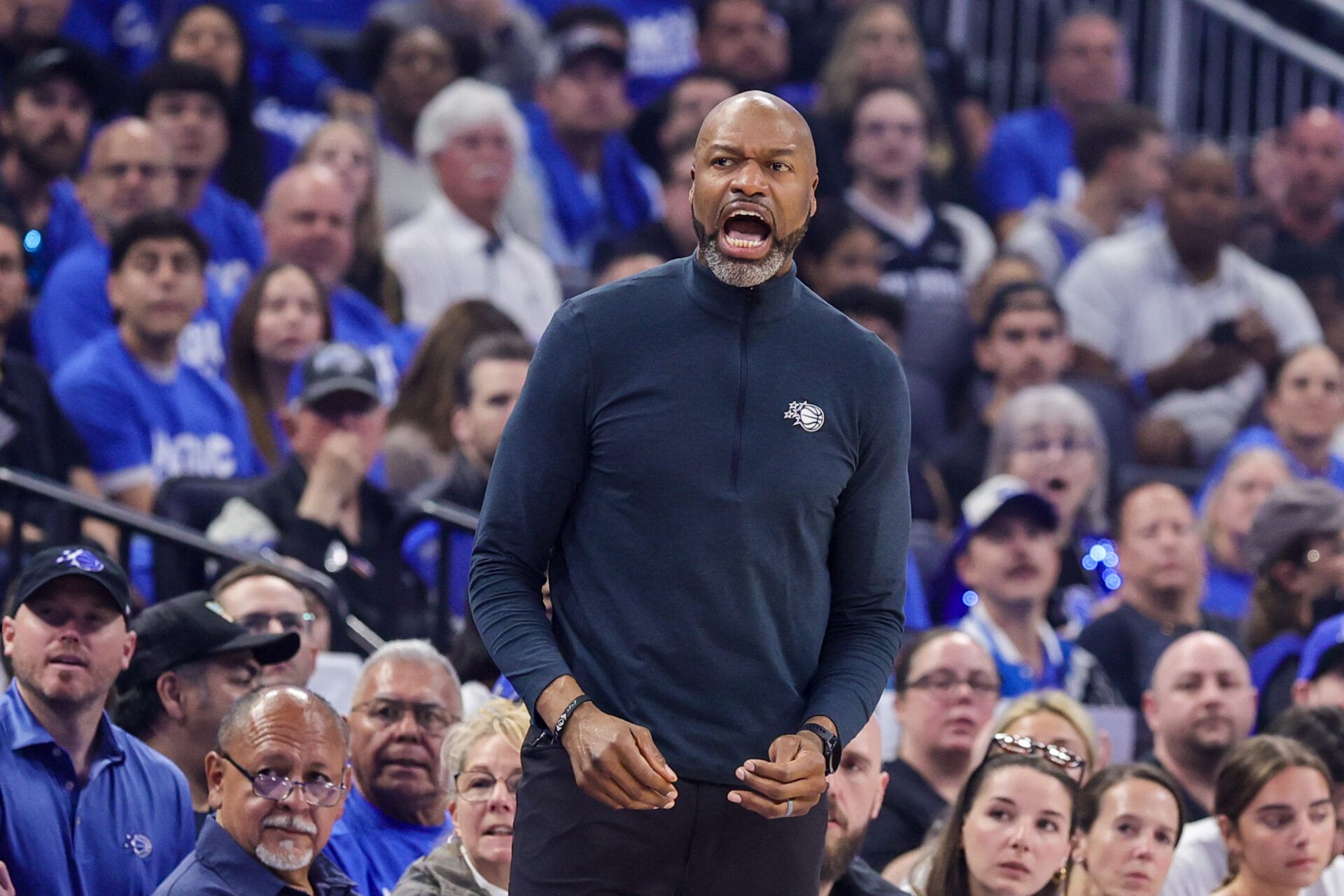 Orlando Magic head coach Jamahl Mosley during the first quarter against the Charlotte Hornets during the play-in rounds of the 2026 NBA Playoffs at Kia Center.