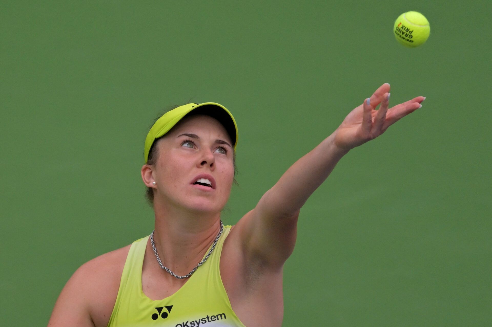 Linda Noskova (CZE) hits a shot against Aryna Sabalenka (BEL) in her the semi final match during the BNP Paribas Open at the Indian Wells Tennis Garden.