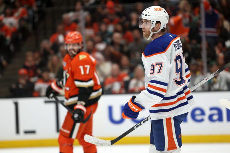 Edmonton Oilers center Connor McDavid (97) looks on after scoring a a power play goal during the third period against the Anaheim Ducks in game three of the first round of the 2026 Stanley Cup Playoffs at Honda Center.