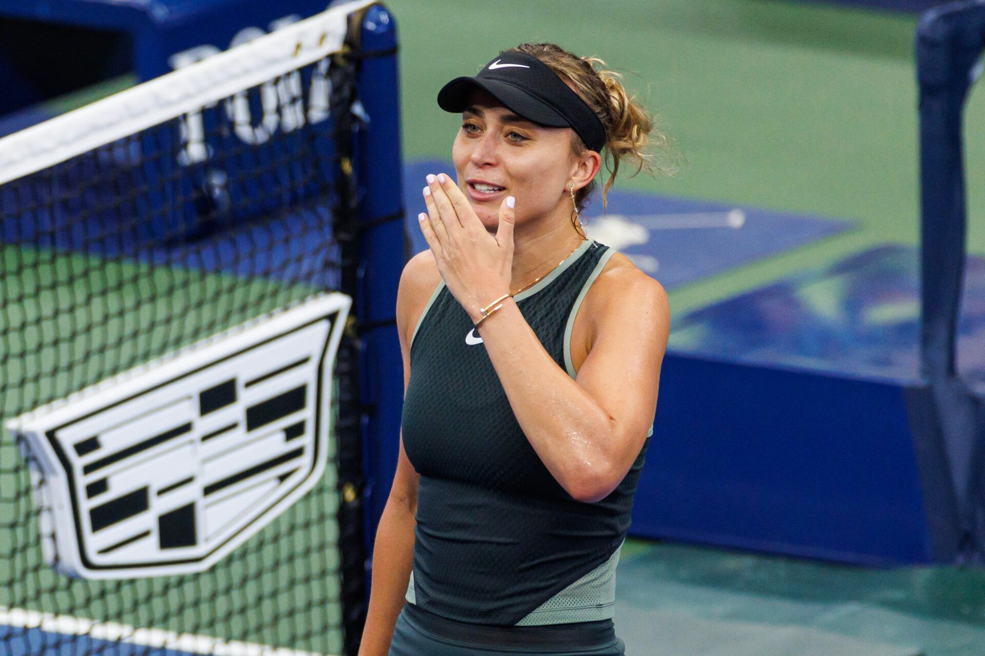 Paula Badosa (ESP) celebrates after her match against Yafan Wang (CHN) (not pictured) in a women's singles match on day seven of the 2024 U.S. Open tennis tournament at USTA Billie Jean King National Tennis Center.