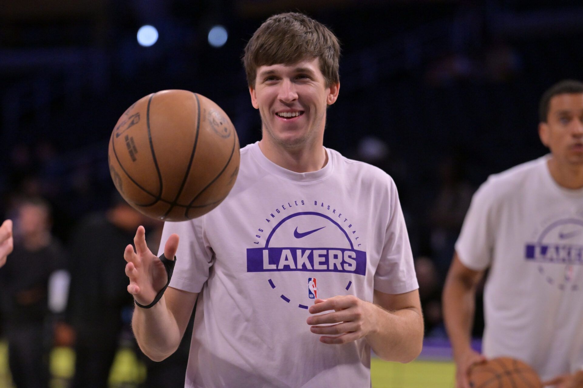 Los Angeles Lakers guard Austin Reaves (15) warms up prior to the game against the Cleveland Cavaliers at Crypto.com Arena.
