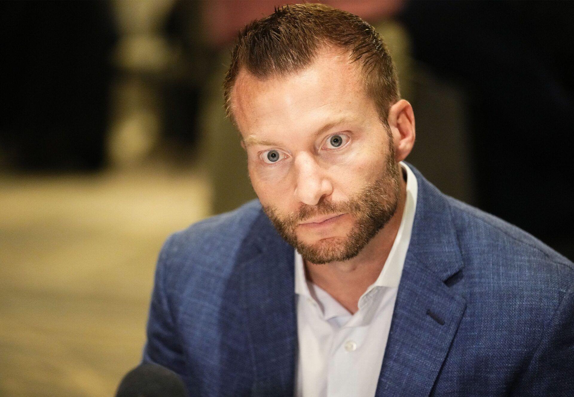 Los Angeles Rams head coach Sean McVay talks to the media during the NFL League Meetings on March 30, 2026, at Arizona Biltmore Resort in Phoenix.