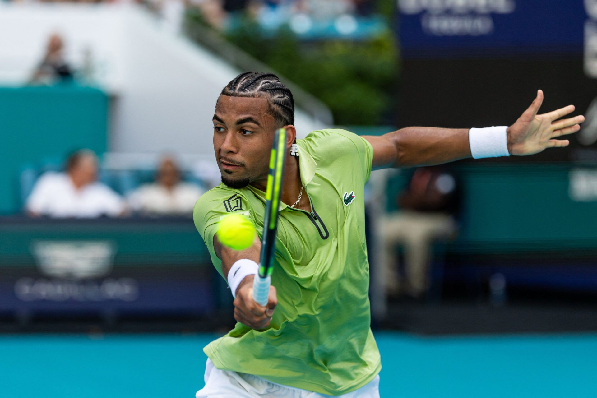 Arthur Fils of France hits a backhand against Jiri Lehecka of the Czech Republic in the semi-finals of the men’s singles at the Miami Open at the Hard Rock Stadium.