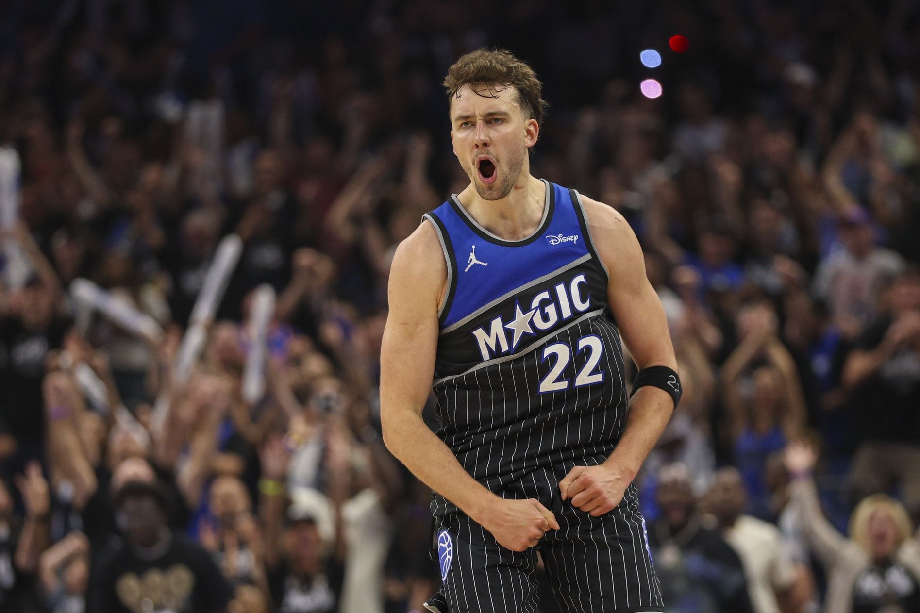 Orlando Magic forward Franz Wagner (22) reacts after a basket against the Detroit Pistons in the fourth quarter during game three of the first round of the 2026 NBA Playoffs at Kia Center.