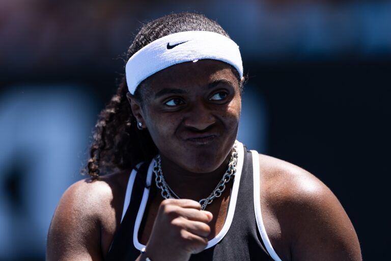 Hailey Baptiste of United States in action against Storm Hunter of Australia in the second round of the women’s singles at the Australian Open at ANZ Arena in Melbourne Park.