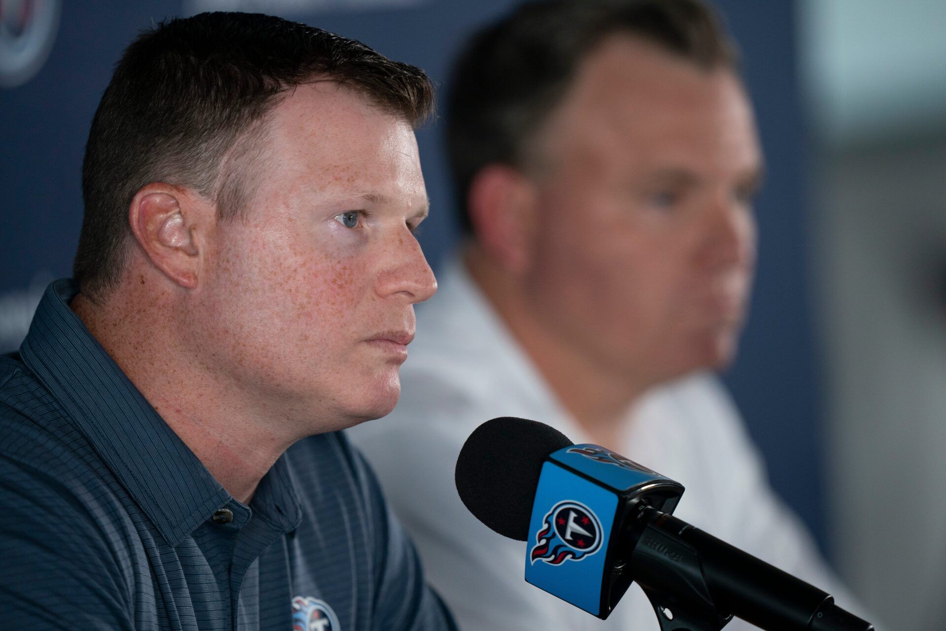 Chad Brinker, president of football operations for the Tennessee Titans, fields questions from the media at Ascension Saint Thomas Sports Park in Nashville, Tenn., Tuesday, July 22, 2025.