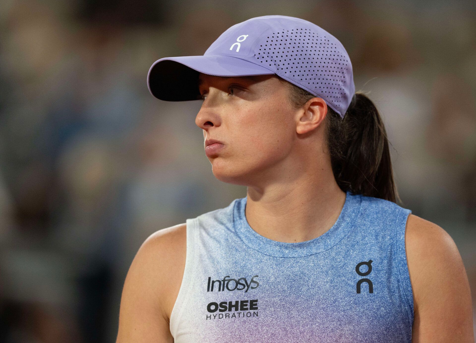 Iga Swiatek of Poland  during her match against Aryna Sabalenka on day 12 at Roland Garros Stadium.