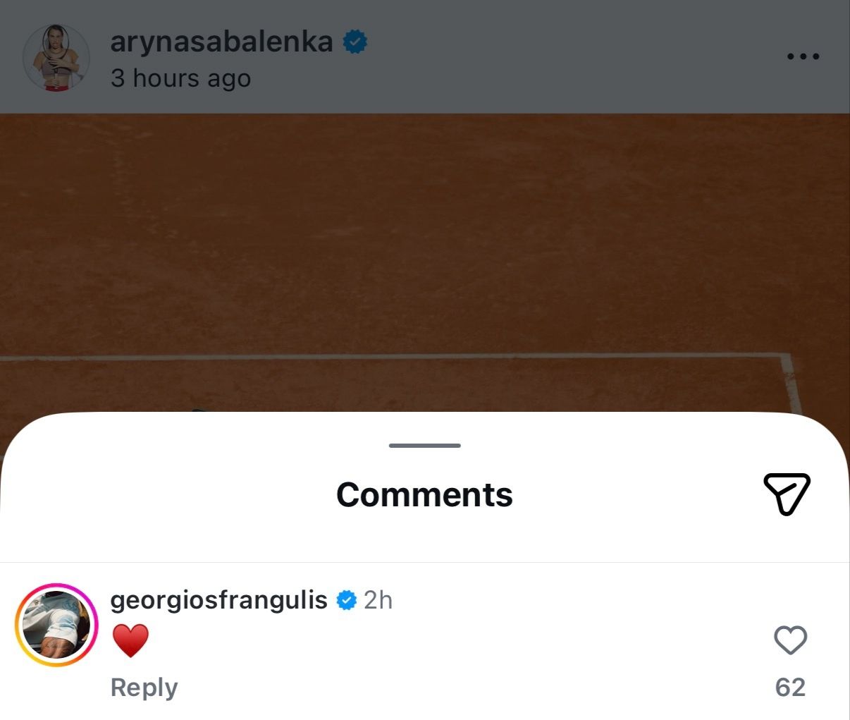 Screen grab of Aryna Sabalenka’s fiancé Georgios Frangulis' comment